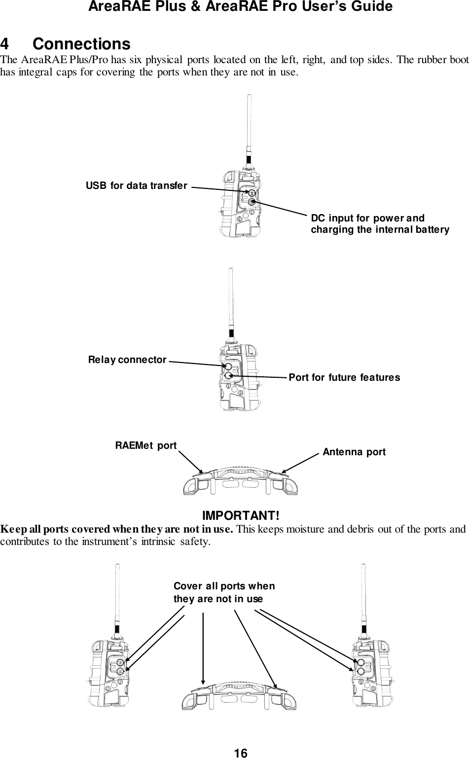 AreaRAE Plus &amp; AreaRAE Pro User’s Guide 16  4   Connections The AreaRAE Plus/Pro has six physical  ports located on the left,  right,  and top sides. The rubber boot has integral  caps for covering  the ports when they are not in use.            IMPORTANT! Keep all ports covered when they are not in use. This keeps moisture and debris out of the ports and contributes to the instrument’s intrinsic  safety.                                       Cover all ports when they are not in use USB for data transfer DC input for power and charging the internal battery Relay connector Port for future features RAEMet  port Antenna port 