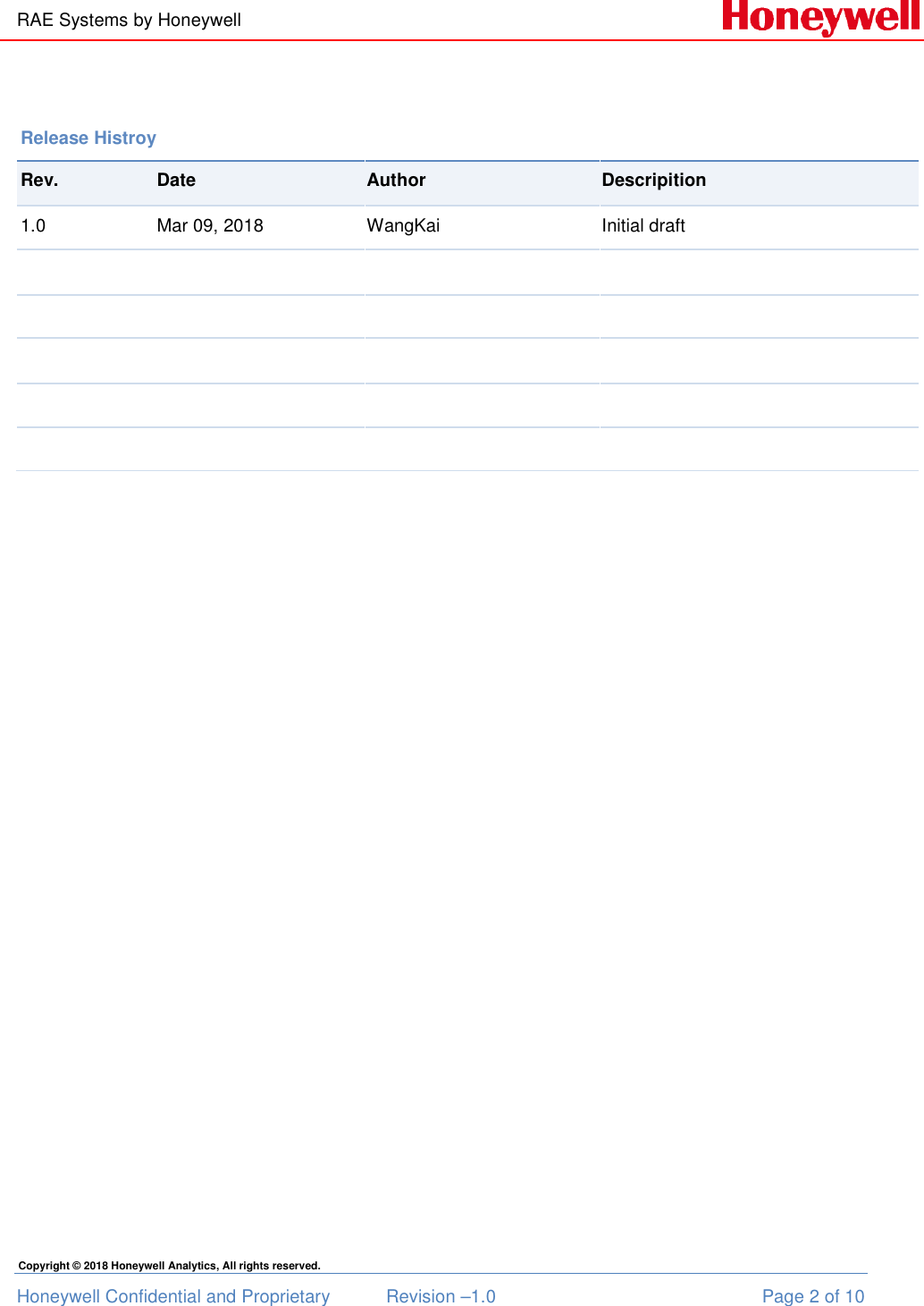 RAE Systems by Honeywell Honeywell Confidential and Proprietary  Revision –1.0  Page 2 of 10 Copyright © 2018 Honeywell Analytics, All rights reserved.                  Release Histroy Rev.  Date  Author  Descripition 1.0 Mar 09, 2018                       WangKai  Initial draft                                    