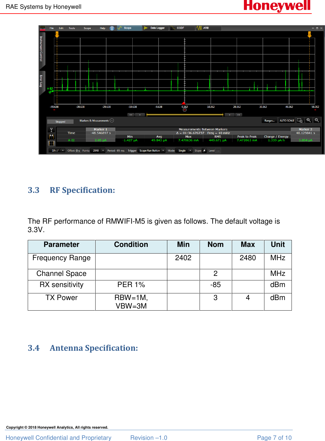 RAE Systems by Honeywell Honeywell Confidential and Proprietary  Revision –1.0  Page 7 of 10 Copyright © 2018 Honeywell Analytics, All rights reserved.   3.3 RF Specification:  The RF performance of RMWIFI-M5 is given as follows. The default voltage is 3.3V. Parameter Condition Min Nom Max Unit Frequency Range    2402    2480  MHz Channel Space      2    MHz RX sensitivity  PER 1%    -85    dBm TX Power   RBW=1M, VBW=3M   3  4  dBm   3.4 Antenna Specification: 