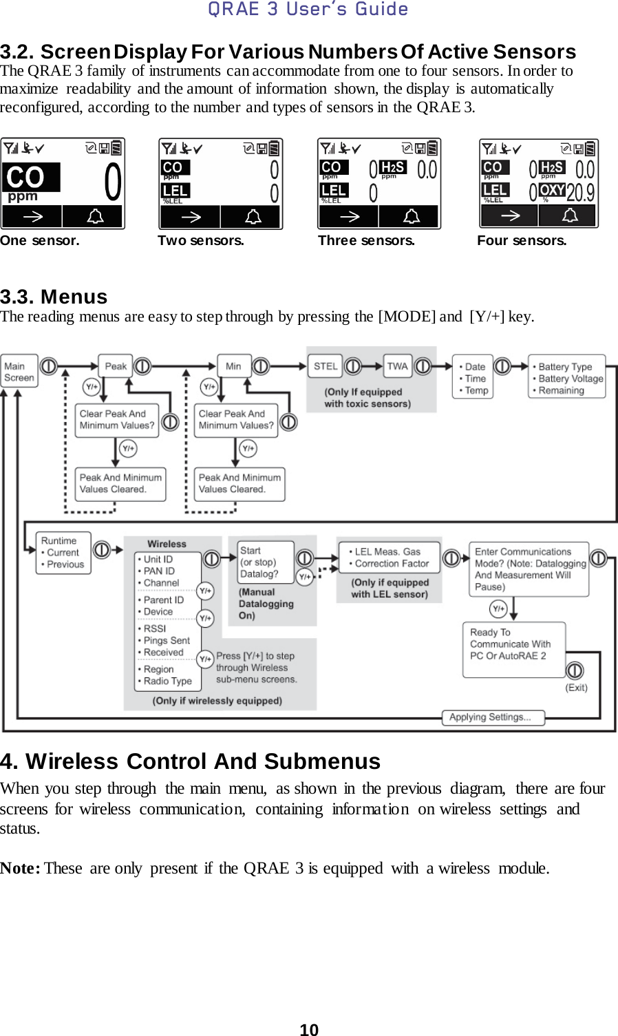 QRAE 3 User’s Guide  10  3.2. Screen Display For Various Numbers Of Active Sensors The QRAE 3 family of instruments can accommodate from one to four sensors. In order to maximize  readability  and the amount of information  shown, the display  is automatically reconfigured, according to the number and types of sensors in the QRAE 3.      One se nsor.  Two sensors. Three sensors. Four sensors.  3.3. Menus The reading menus are easy to step through by pressing  the [MODE] and  [Y/+] key.   4. Wireless Control And Submenus When you step through  the main  menu,  as shown in the previous  diagram,  there are four screens for wireless communication, containing information on wireless settings and status.  Note: These  are only  present if the QRAE 3 is equipped with a wireless module.           