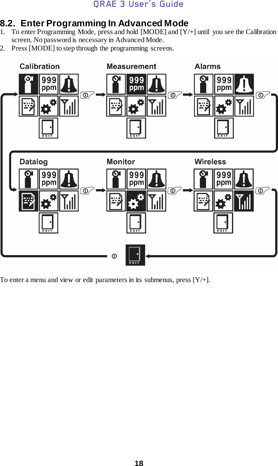 QRAE 3 User’s Guide  18  8.2.  Enter Programming In Advanced Mode 1. To enter Programming  Mode, press and hold [MODE] and [Y/+] until  you see the Calibration screen. No password is necessary in Advanced Mode. 2. Press [MODE] to step through the programming  screens.    To enter a menu and view or edit parameters in its submenus, press [Y/+].     