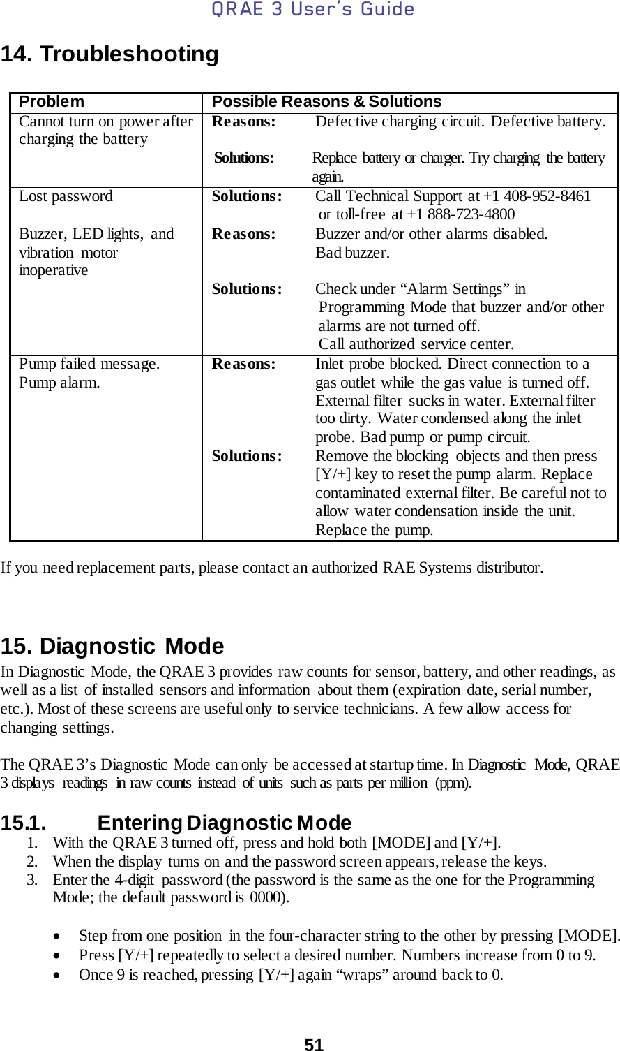 QRAE 3 User’s Guide  51  14. Troubleshooting  Problem Possible Reasons &amp; Solutions                Cannot turn on power after charging the battery Reasons: Defective charging circuit. Defective battery.                      Solutions: Replace battery or charger. Try charging  the battery again. Lost password Solutions: Call Technical Support at +1 408-952-8461 or toll-free  at +1 888-723-4800 Buzzer, LED lights,  and vibration motor inoperative Reasons: Buzzer and/or other alarms disabled.  Bad buzzer.  Solutions: Check under “Alarm Settings” in Programming Mode that buzzer and/or other alarms are not turned off. Call authorized  service center. Pump failed message. Pump alarm.  Reasons:  Inlet probe blocked. Direct connection to a gas outlet  while  the gas value  is turned off. External filter  sucks in water. External filter too dirty.  Water condensed along the inlet probe. Bad pump or pump circuit. Solutions:  Remove the blocking  objects and then press [Y/+] key to reset the pump  alarm. Replace contaminated external filter. Be careful not to allow water condensation inside the unit. Replace the pump.  If you need replacement parts, please contact an authorized RAE Systems distributor.   15. Diagnostic Mode In Diagnostic Mode, the QRAE 3 provides raw counts for sensor, battery, and other readings, as well  as a list  of installed sensors and information  about them (expiration  date, serial number, etc.). Most of these screens are useful only to service technicians. A few allow access for changing settings.  The QRAE 3’s Diagnostic Mode can only  be accessed at startup time. In Diagnostic  Mode, QRAE 3 displays  readings  in raw counts instead  of units  such as parts per million  (ppm).   15.1.   Entering Diagnostic Mode 1. With the QRAE 3 turned off, press and hold both [MODE] and [Y/+]. 2. When the display  turns on and the password screen appears, release the keys. 3. Enter the 4-digit  password (the password is the same as the one for the Programming Mode; the default password is 0000).   • Step from one position  in the four-character string to the other by pressing [MODE].  • Press [Y/+] repeatedly to select a desired number. Numbers increase from 0 to 9.  • Once 9 is reached, pressing [Y/+] again “wraps” around back to 0. 