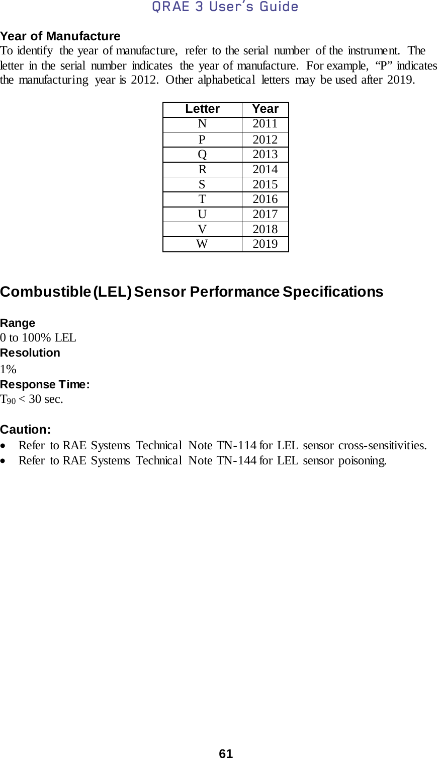 QRAE 3 User’s Guide  61  Year of Manufacture To identify  the year of manufacture,  refer to the serial  number  of the instrument.  The letter in the serial number indicates  the year of manufacture.  For example,  “P” indicates the manufacturing  year is 2012.  Other alphabetical letters  may  be used after 2019.  Letter Year N 2011 P 2012 Q 2013 R 2014 S 2015 T 2016 U 2017 V 2018 W 2019   Combustible (LEL) Sensor Performance Specifications  Range 0 to 100% LEL Resolution 1% Response Time: T90 &lt; 30 sec.  Caution: • Refer to RAE Systems Technical Note TN-114 for LEL sensor cross-sensitivities. • Refer to RAE Systems Technical Note TN-144 for LEL sensor poisoning.