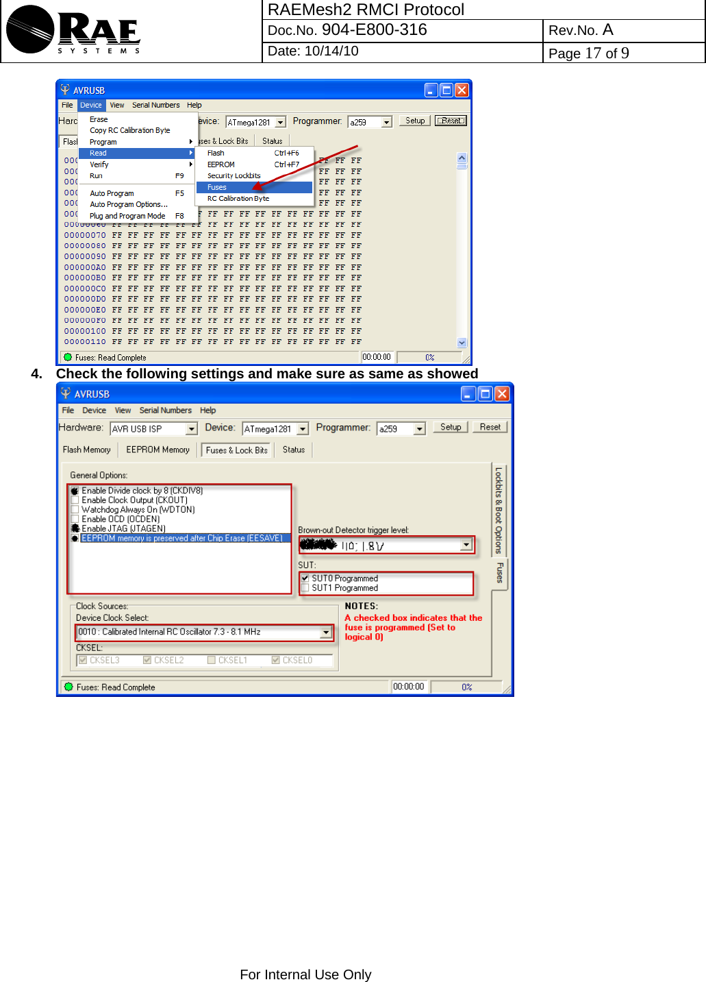 RAEMesh2 RMCI Protocol Doc.No. 904-E800-316 Rev.No. A  Date: 10/14/10  Page 17 of 9    For Internal Use Only   4.  Check the following settings and make sure as same as showed  