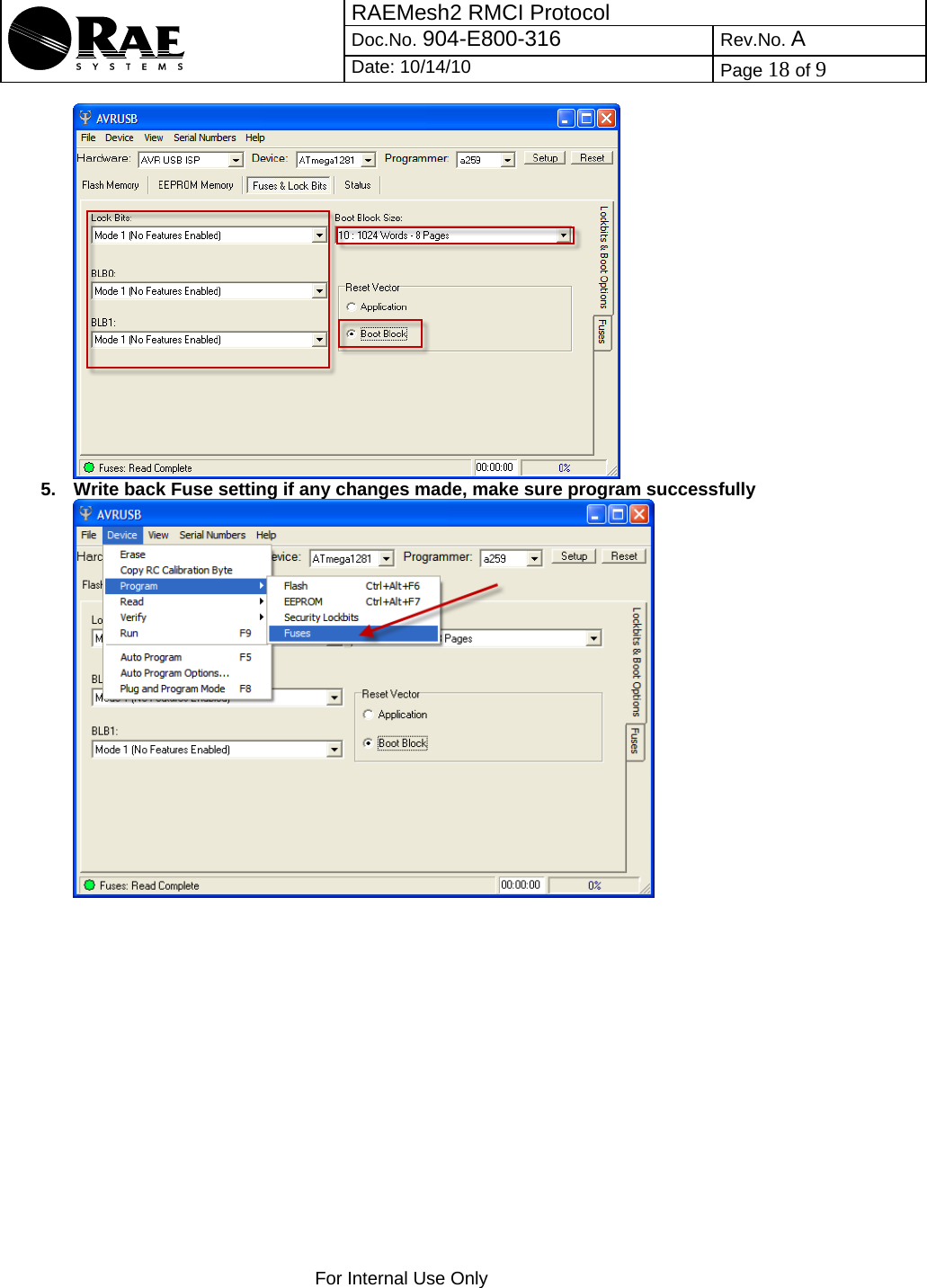 RAEMesh2 RMCI Protocol Doc.No. 904-E800-316 Rev.No. A  Date: 10/14/10  Page 18 of 9    For Internal Use Only   5.  Write back Fuse setting if any changes made, make sure program successfully  