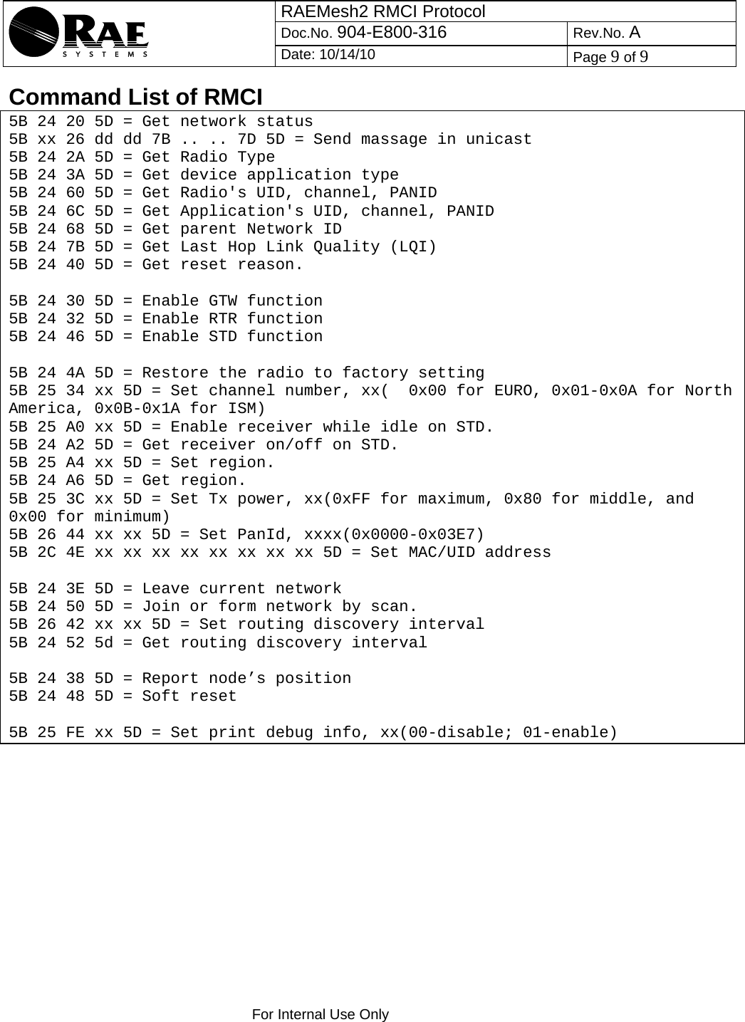 RAEMesh2 RMCI Protocol Doc.No. 904-E800-316 Rev.No. A  Date: 10/14/10  Page 9 of 9    For Internal Use Only  Command List of RMCI  5B 24 20 5D = Get network status 5B xx 26 dd dd 7B .. .. 7D 5D = Send massage in unicast 5B 24 2A 5D = Get Radio Type 5B 24 3A 5D = Get device application type 5B 24 60 5D = Get Radio&apos;s UID, channel, PANID 5B 24 6C 5D = Get Application&apos;s UID, channel, PANID 5B 24 68 5D = Get parent Network ID 5B 24 7B 5D = Get Last Hop Link Quality (LQI) 5B 24 40 5D = Get reset reason.  5B 24 30 5D = Enable GTW function 5B 24 32 5D = Enable RTR function 5B 24 46 5D = Enable STD function  5B 24 4A 5D = Restore the radio to factory setting 5B 25 34 xx 5D = Set channel number, xx(  0x00 for EURO, 0x01-0x0A for North America, 0x0B-0x1A for ISM) 5B 25 A0 xx 5D = Enable receiver while idle on STD. 5B 24 A2 5D = Get receiver on/off on STD. 5B 25 A4 xx 5D = Set region. 5B 24 A6 5D = Get region. 5B 25 3C xx 5D = Set Tx power, xx(0xFF for maximum, 0x80 for middle, and 0x00 for minimum) 5B 26 44 xx xx 5D = Set PanId, xxxx(0x0000-0x03E7) 5B 2C 4E xx xx xx xx xx xx xx xx 5D = Set MAC/UID address  5B 24 3E 5D = Leave current network 5B 24 50 5D = Join or form network by scan. 5B 26 42 xx xx 5D = Set routing discovery interval 5B 24 52 5d = Get routing discovery interval  5B 24 38 5D = Report node’s position 5B 24 48 5D = Soft reset  5B 25 FE xx 5D = Set print debug info, xx(00-disable; 01-enable)  