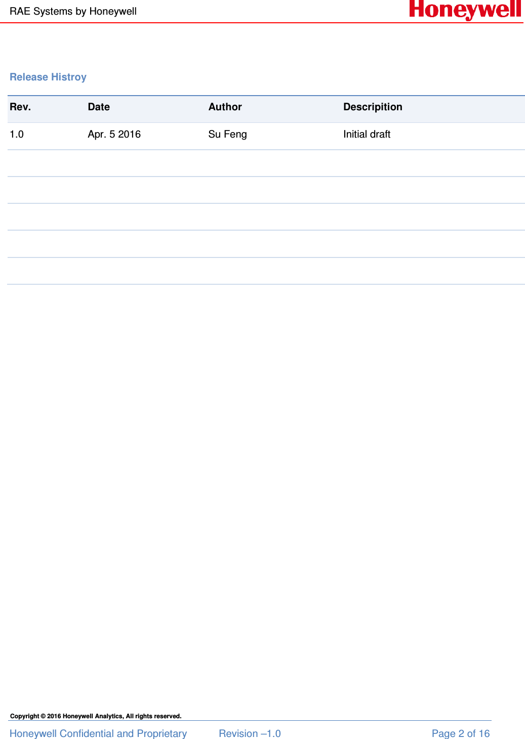 RAE Systems by Honeywell Honeywell Confidential and Proprietary  Revision –1.0  Page 2 of 16 Copyright © 2016 Honeywell Analytics, All rights reserved.               Release Histroy Rev.  Date  Author  Descripition 1.0  Apr. 5 2016  Su Feng  Initial draft                                    