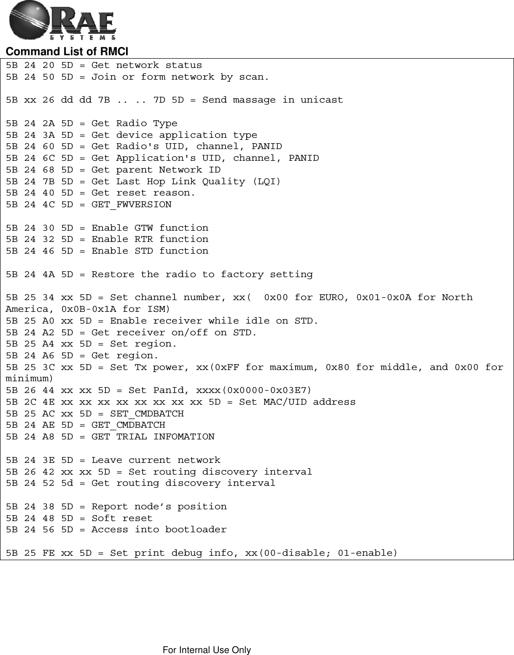 For Internal Use Only Command List of RMCI  5B 24 20 5D = Get network status 5B 24 50 5D = Join or form network by scan. 5B xx 26 dd dd 7B .. .. 7D 5D = Send massage in unicast 5B 24 2A 5D = Get Radio Type 5B 24 3A 5D = Get device application type 5B 24 60 5D = Get Radio&apos;s UID, channel, PANID 5B 24 6C 5D = Get Application&apos;s UID, channel, PANID5B 24 68 5D = Get parent Network ID 5B 24 7B 5D = Get Last Hop Link Quality (LQI) 5B 24 40 5D = Get reset reason. 5B 24 4C 5D = GET_FWVERSION 5B 24 30 5D = Enable GTW function 5B 24 32 5D = Enable RTR function 5B 24 46 5D = Enable STD function 5B 24 4A 5D = Restore the radio to factory setting 5B 25 34 xx 5D = Set channel number, xx(  0x00 for EURO, 0x01-0x0A for North America, 0x0B-0x1A for ISM) 5B 25 A0 xx 5D = Enable receiver while idle on STD.5B 24 A2 5D = Get receiver on/off on STD. 5B 25 A4 xx 5D = Set region. 5B 24 A6 5D = Get region. 5B 25 3C xx 5D = Set Tx power, xx(0xFF for maximum, 0x80 for middle, and 0x00 for minimum) 5B 26 44 xx xx 5D = Set PanId, xxxx(0x0000-0x03E7) 5B 2C 4E xx xx xx xx xx xx xx xx 5D = Set MAC/UID address 5B 25 AC xx 5D = SET_CMDBATCH 5B 24 AE 5D = GET_CMDBATCH 5B 24 A8 5D = GET TRIAL INFOMATION 5B 24 3E 5D = Leave current network 5B 26 42 xx xx 5D = Set routing discovery interval 5B 24 52 5d = Get routing discovery interval 5B 24 38 5D = Report node’s position 5B 24 48 5D = Soft reset 5B 24 56 5D = Access into bootloader 5B 25 FE xx 5D = Set print debug info, xx(00-disable; 01-enable) 