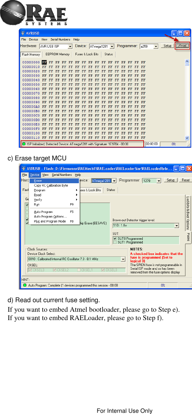 For Internal Use Only c) Erase target MCU d) Read out current fuse setting. If you want to embed Atmel bootloader, please go to Step e). If you want to embed RAELoader, please go to Step f). 