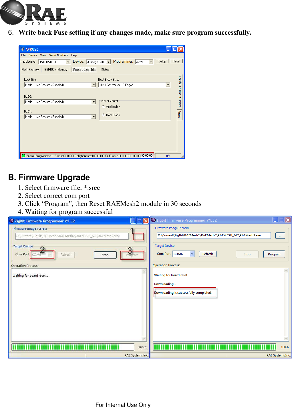    For Internal Use Only  6.  Write back Fuse setting if any changes made, make sure program successfully.    B. Firmware Upgrade       1. Select firmware file, *.srec       2. Select correct com port       3. Click “Program”, then Reset RAEMesh2 module in 30 seconds       4. Waiting for program successful    