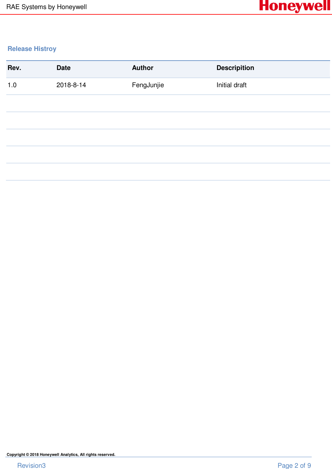 RAE Systems by Honeywell       Revision3  Page 2 of 9 Copyright © 2018 Honeywell Analytics, All rights reserved.                Release Histroy Rev. Date Author Descripition 1.0 2018-8-14 FengJunjie Initial draft                     