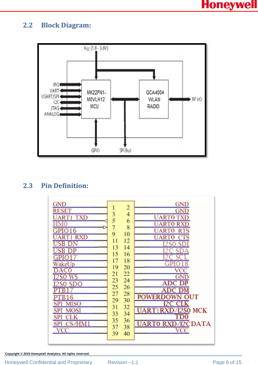  Honeywell Confidential and Proprietary  Revision –1.1  Page 6 of 15 Copyright © 2015 Honeywell Analytics, All rights reserved. 2.2 BlockDiagram: 2.3 PinDefinition: 