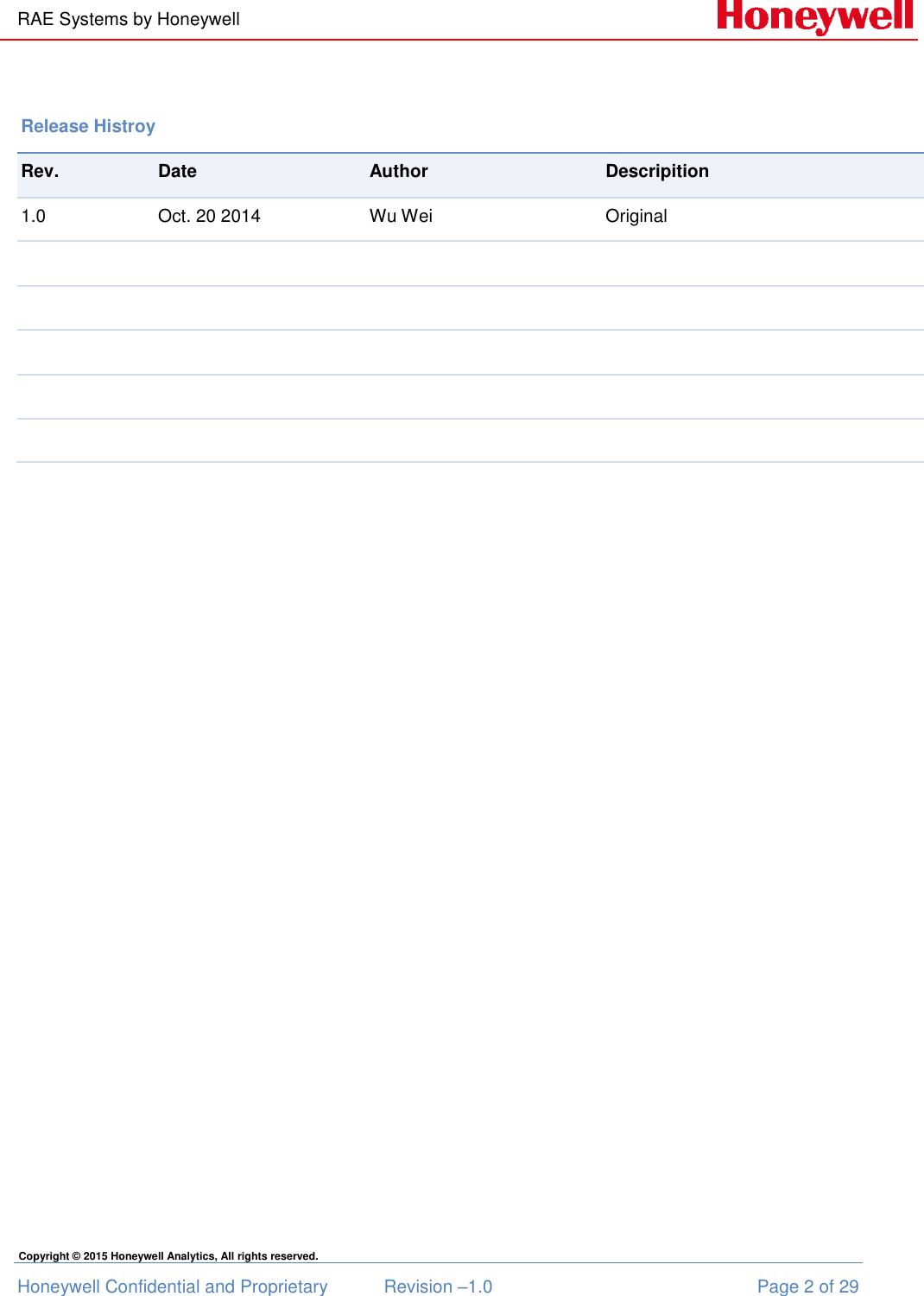 RAE Systems by Honeywell Honeywell Confidential and Proprietary  Revision –1.0  Page 2 of 29 Copyright © 2015 Honeywell Analytics, All rights reserved.                     Release Histroy Rev. Date Author Descripition 1.0 Oct. 20 2014 Wu Wei Original                     