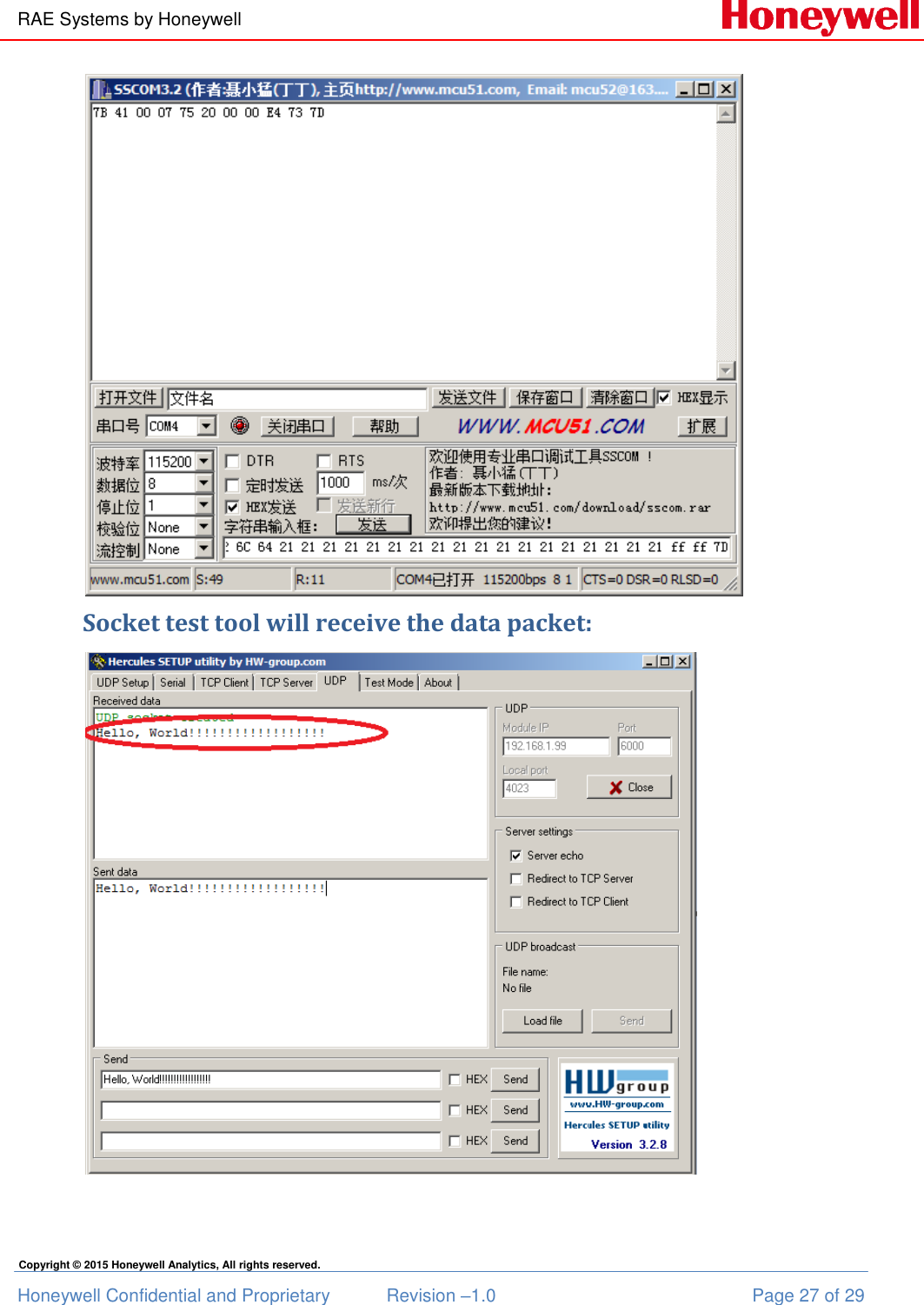 RAE Systems by Honeywell Honeywell Confidential and Proprietary  Revision –1.0  Page 27 of 29 Copyright © 2015 Honeywell Analytics, All rights reserved.   Socket test tool will receive the data packet:      