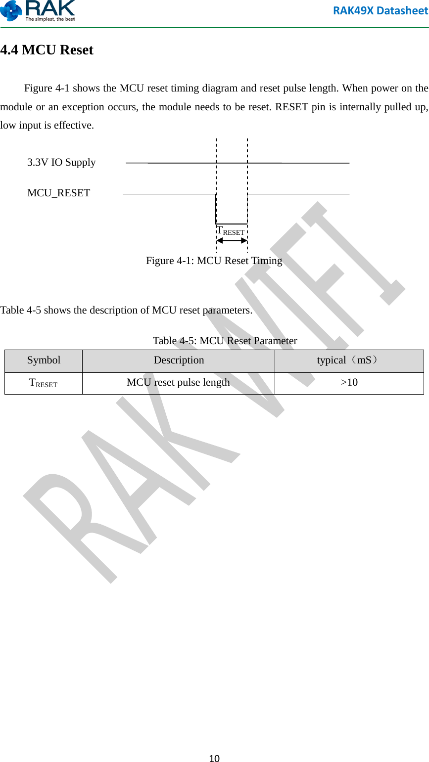 RAK49X Datasheet  10 4.4 MCU Reset     Figure 4-1 shows the MCU reset timing diagram and reset pulse length. When power on the module or an exception occurs, the module needs to be reset. RESET pin is internally pulled up, low input is effective.       3.3V IO Supply      MCU_RESET        TRESET Figure 4-1: MCU Reset Timing  Table 4-5 shows the description of MCU reset parameters. Table 4-5: MCU Reset Parameter Symbol  Description typical（mS） TRESET MCU reset pulse length  >10            