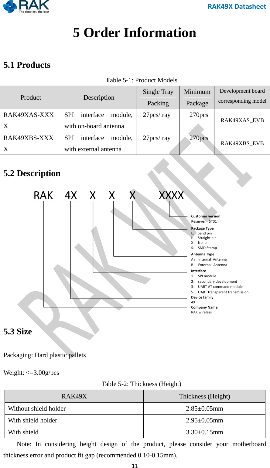 RAK49X Datasheet  11 5 Order Information 5.1 Products Table 5-1: Product Models Product  Description Single Tray Packing Minimum Package Development board corresponding model RAK49XAS-XXXX SPI interface module, with on-board antenna   27pcs/tray   270pcs RAK49XAS_EVB RAK49XBS-XXXX SPI interface module, with external antenna   27pcs/tray   270pcs RAK49XBS_EVB 5.2 Description RAK 4X X X XXXXCustomer versionReserve： ST01Package TypeL:    bend pinI:     Straight pinX:    No  pinS： SMD StampInterface1： SPI module2： secondary development  3： UART AT command module5： UART transparent transmissionDevice family4XCompany NameRAK wirelessXAntenna TypeA： Internal  AntennaB： External  Antenna  5.3 Size Packaging: Hard plastic pallets Weight: <=3.00g/pcs Table 5-2: Thickness (Height) RAK49X  Thickness (Height) Without shield holder  2.85&plusmn;0.05mm With shield holder  2.95&plusmn;0.05mm With shield  3.30&plusmn;0.15mm Note: In considering height design of the product, please consider your motherboard thickness error and product fit gap (recommended 0.10-0.15mm). 