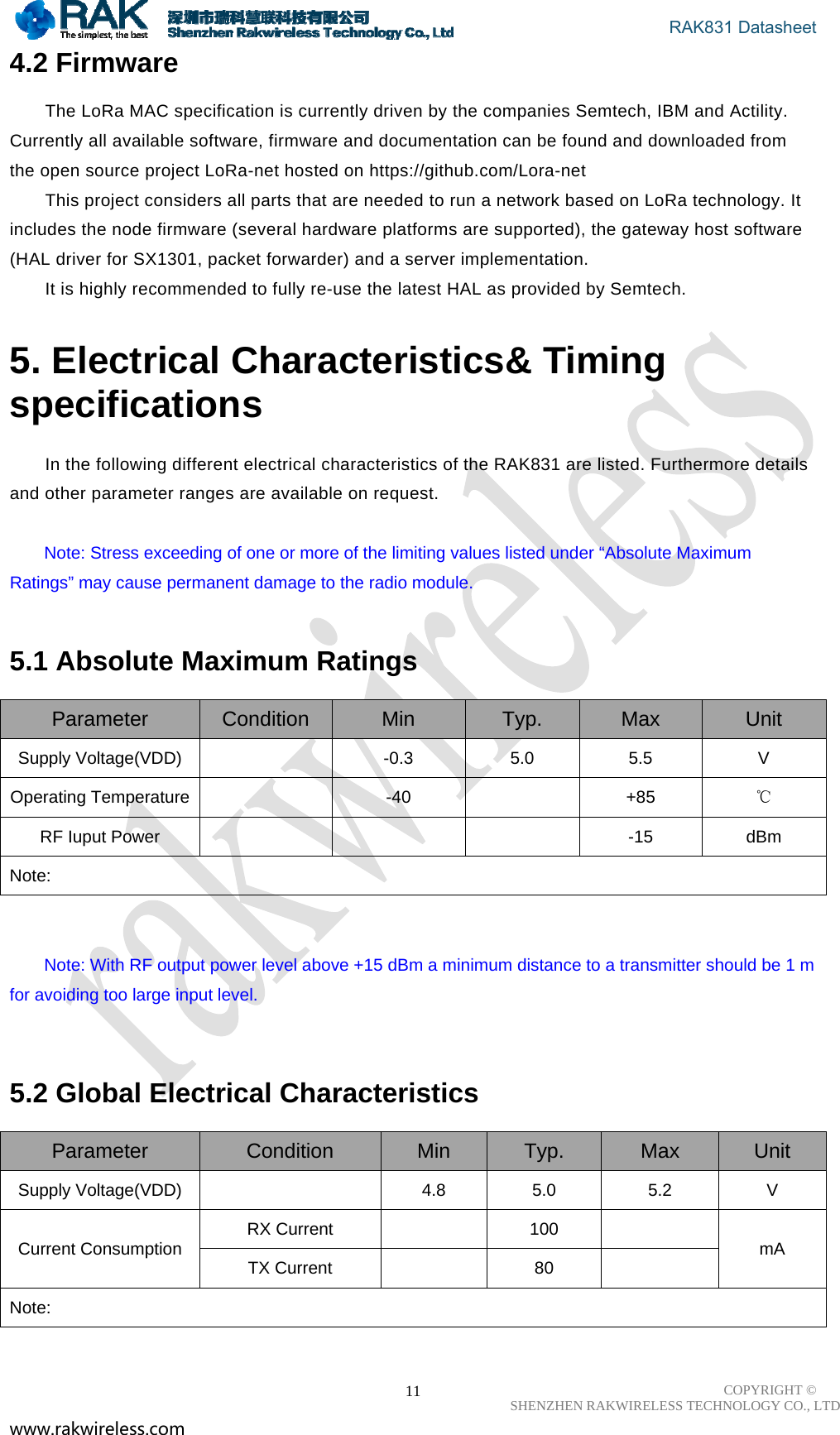                                       RAK831 Datasheet COPYRIGHT ©      SHENZHEN RAKWIRELESS TECHNOLOGY CO., LTD www.rakwireless.com                                                      114.2 Firmware  The LoRa MAC specification is currently driven by the companies Semtech, IBM and Actility. Currently all available software, firmware and documentation can be found and downloaded from the open source project LoRa-net hosted on https://github.com/Lora-net  This project considers all parts that are needed to run a network based on LoRa technology. It includes the node firmware (several hardware platforms are supported), the gateway host software (HAL driver for SX1301, packet forwarder) and a server implementation.  It is highly recommended to fully re-use the latest HAL as provided by Semtech.  5. Electrical Characteristics&amp; Timing specifications  In the following different electrical characteristics of the RAK831 are listed. Furthermore details and other parameter ranges are available on request.   Note: Stress exceeding of one or more of the limiting values listed under “Absolute Maximum Ratings” may cause permanent damage to the radio module.   5.1 Absolute Maximum Ratings  Parameter  Condition  Min  Typ.  Max  Unit Supply Voltage(VDD)    -0.3  5.0  5.5  V Operating Temperature    -40    +85  ℃ RF Iuput Power        -15  dBm Note:    Note: With RF output power level above +15 dBm a minimum distance to a transmitter should be 1 m for avoiding too large input level.    5.2 Global Electrical Characteristics  Parameter Condition Min Typ. Max Unit Supply Voltage(VDD)    4.8  5.0  5.2  V Current Consumption  RX Current    100    mA TX Current    80   Note:   