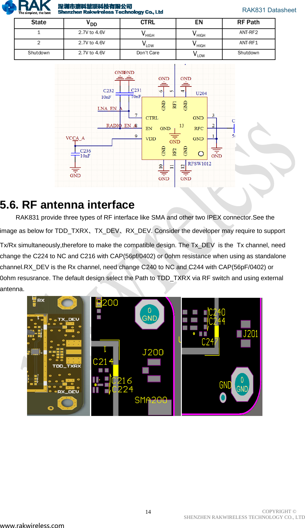                                       RAK831 Datasheet COPYRIGHT ©      SHENZHEN RAKWIRELESS TECHNOLOGY CO., LTD www.rakwireless.com                                                      14   5.6. RF antenna interface          RAK831 provide three types of RF interface like SMA and other two IPEX connector.See the image as below for TDD_TXRX、TX_DEV、RX_DEV. Consider the developer may require to support Tx/Rx simultaneously,therefore to make the compatible design. The Tx_DEV  is the  Tx channel, need change the C224 to NC and C216 with CAP(56pf/0402) or 0ohm resistance when using as standalone channel.RX_DEV is the Rx channel, need change C240 to NC and C244 with CAP(56pF/0402) or 0ohm resusrance. The default design select the Path to TDD_TXRX via RF switch and using external antenna.                  