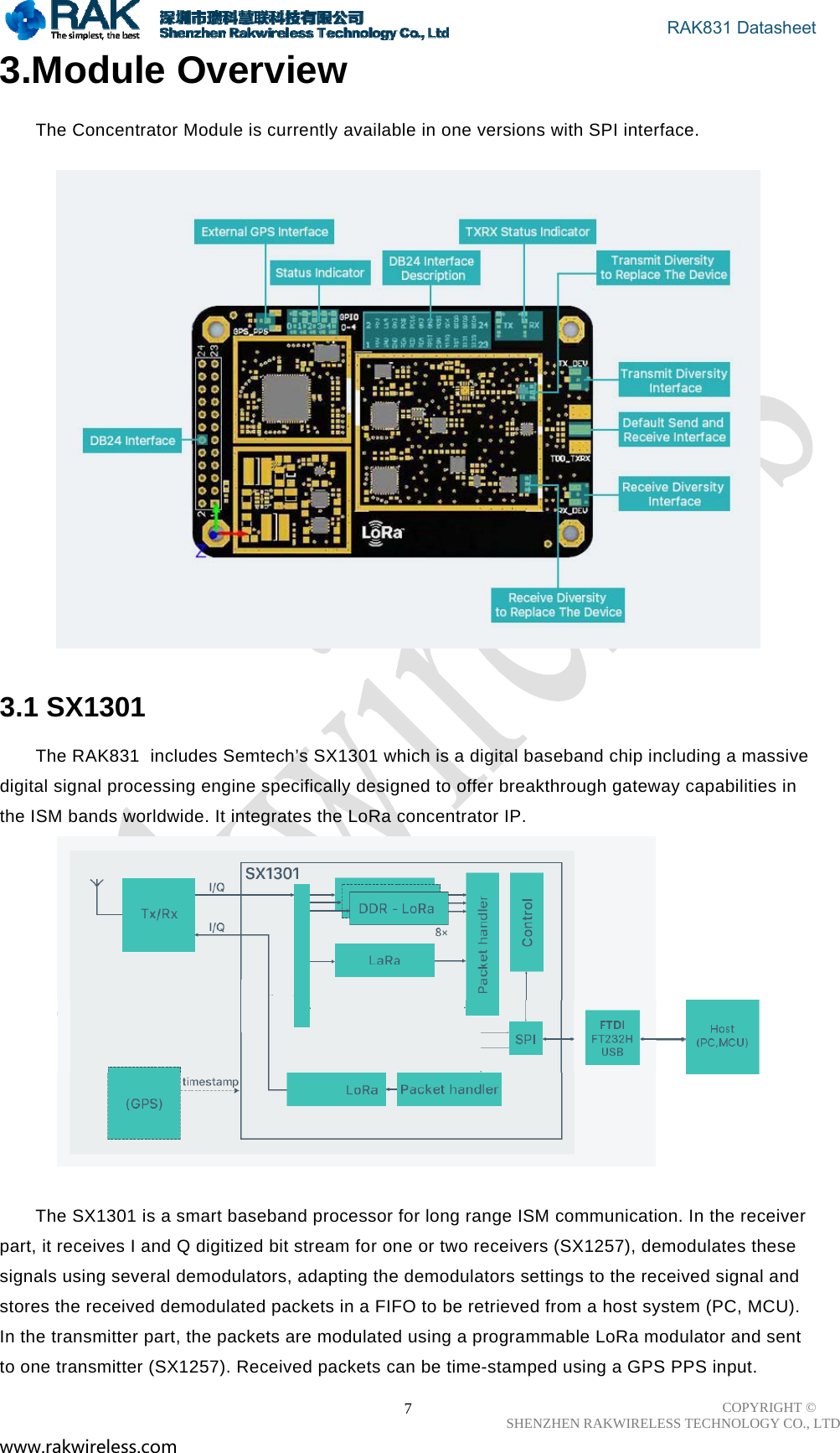                                       RAK831 Datasheet COPYRIGHT ©      SHENZHEN RAKWIRELESS TECHNOLOGY CO., LTD www.rakwireless.com                                                      73.Module Overview  The Concentrator Module is currently available in one versions with SPI interface.     3.1 SX1301  The RAK831  includes Semtech’s SX1301 which is a digital baseband chip including a massive digital signal processing engine specifically designed to offer breakthrough gateway capabilities in the ISM bands worldwide. It integrates the LoRa concentrator IP.     The SX1301 is a smart baseband processor for long range ISM communication. In the receiver part, it receives I and Q digitized bit stream for one or two receivers (SX1257), demodulates these signals using several demodulators, adapting the demodulators settings to the received signal and stores the received demodulated packets in a FIFO to be retrieved from a host system (PC, MCU). In the transmitter part, the packets are modulated using a programmable LoRa modulator and sent to one transmitter (SX1257). Received packets can be time-stamped using a GPS PPS input.  