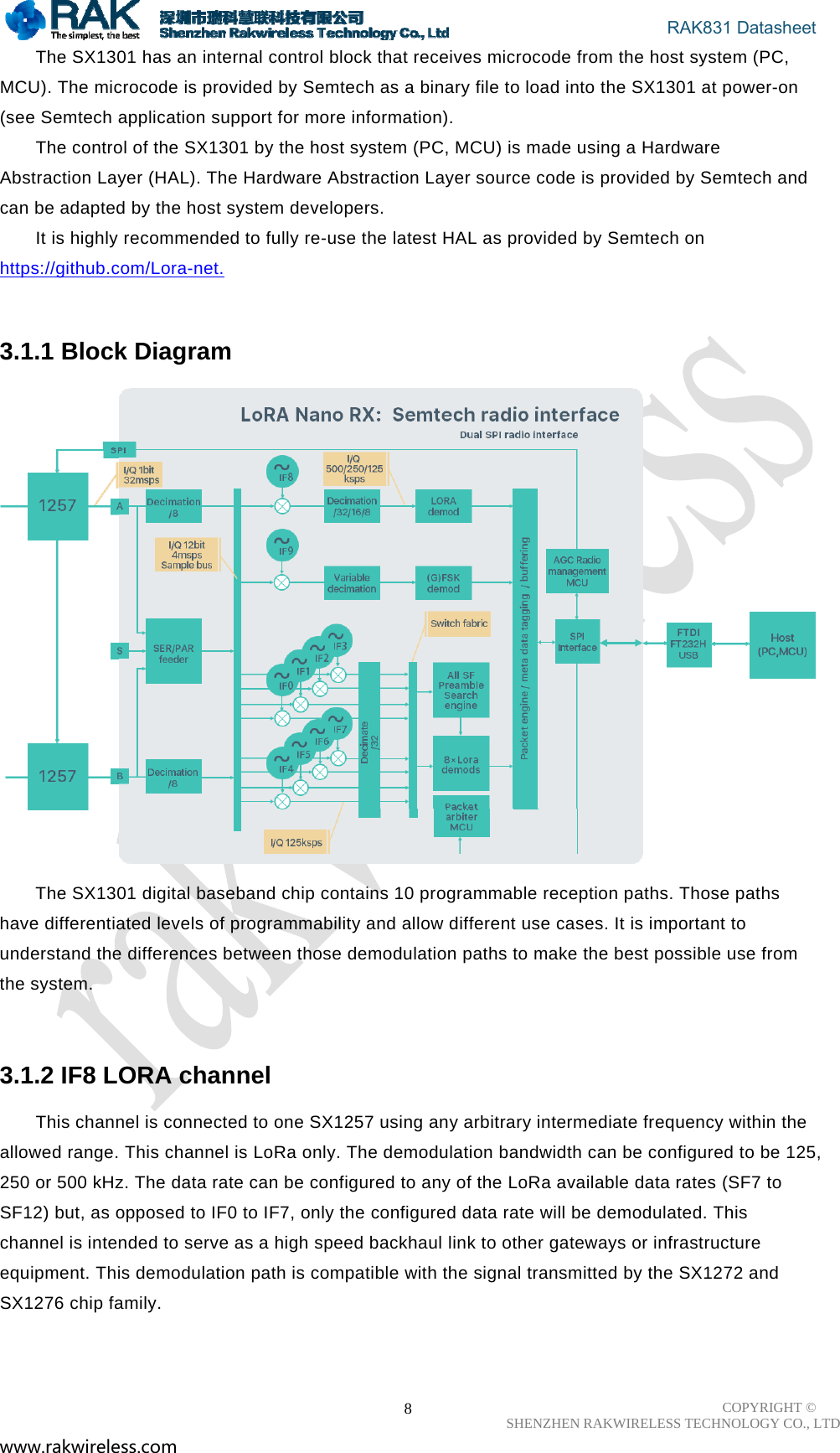                                       RAK831 Datasheet COPYRIGHT ©      SHENZHEN RAKWIRELESS TECHNOLOGY CO., LTD www.rakwireless.com                                                      8The SX1301 has an internal control block that receives microcode from the host system (PC, MCU). The microcode is provided by Semtech as a binary file to load into the SX1301 at power-on (see Semtech application support for more information).  The control of the SX1301 by the host system (PC, MCU) is made using a Hardware Abstraction Layer (HAL). The Hardware Abstraction Layer source code is provided by Semtech and can be adapted by the host system developers.  It is highly recommended to fully re-use the latest HAL as provided by Semtech on https://github.com/Lora-net.   3.1.1 Block Diagram    The SX1301 digital baseband chip contains 10 programmable reception paths. Those paths have differentiated levels of programmability and allow different use cases. It is important to understand the differences between those demodulation paths to make the best possible use from the system.   3.1.2 IF8 LORA channel  This channel is connected to one SX1257 using any arbitrary intermediate frequency within the allowed range. This channel is LoRa only. The demodulation bandwidth can be configured to be 125, 250 or 500 kHz. The data rate can be configured to any of the LoRa available data rates (SF7 to SF12) but, as opposed to IF0 to IF7, only the configured data rate will be demodulated. This channel is intended to serve as a high speed backhaul link to other gateways or infrastructure equipment. This demodulation path is compatible with the signal transmitted by the SX1272 and SX1276 chip family.   