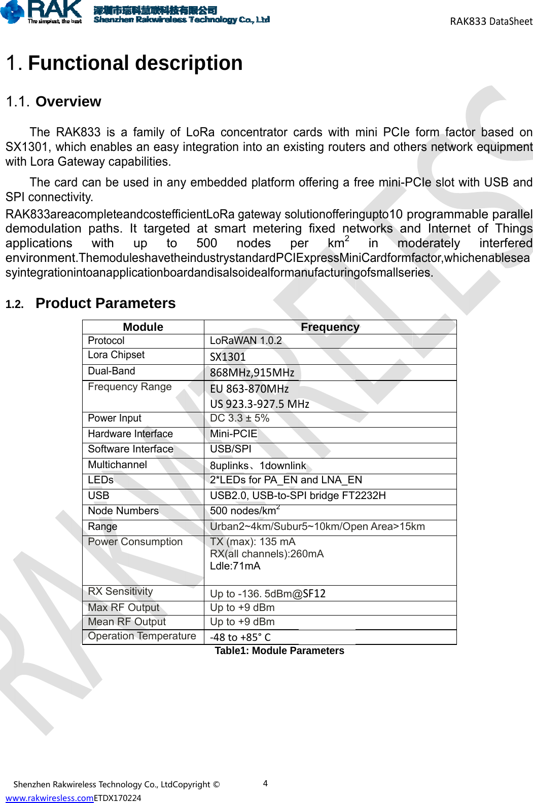 Sww11SXwSPRAdeapensy1.      ShenzhenRakwww.rakwiresless. Func.1. OvervThe RAX1301, whith Lora GaThe carPI connectiAK833areaemodulatiopplicationsnvironmenyintegration2. Produ   wirelessTechnolos.comETDX1702ctionalview AK833 is a ich enablesateway capd can be uivity. acompleteaon paths. s with t.Themodunintoanappluct ParaMProtocol Lora ChipDual-BanFrequencPower InpHardwareSoftwareMultichanLEDs USB Node NuRange Power CRX SensMax RF Mean RFOperatioogyCo.,LtdCop224 descrfamily of s an easy iabilities. used in anyandcostefficIt targetedup to uleshavetheicationboarmeters Module pset nd cy Range put e Interface e Interface nnel umbers onsumption sitivity Output F Output n Temperatupyright&copy;riptionLoRa concntegration y embeddedcientLoRa gd at smar500 neindustrystardandisalsoLoRaWSX1301868MHEU863US923DC 3.3Mini-PCUSB/S8uplink2*LEDsUSB2.0500 noUrban2TX (maRX(all Ldle:71Up to -Up to +Up to +ure  ‐48to+Table14 centrator cinto an exid platform gateway solrt meteringnodes peandardPCIEoidealformaWAN 1.0.2 1 Hz,915MHz3‐870MHz3.3‐927.5MH3 &plusmn; 5% CIE PI ks、1downlins for PA_EN 0, USB-to-SPodes/km2 2~4km/Subuax): 135 mAchannels):261mA 136.5dBm@+9 dBm +9 dBm +85&deg;C 1: Module Pacards with sting routeoffering a flutionoffering fixed neer km2ExpressMinanufacturingFrequencyHznk and LNA_EPI bridge FT2r5~10km/Op60mA @SF12 arameters mini PCIe rs and othefree mini-Pngupto10 petworks anin moniCardformfgofsmallsery N 2232H pen Area>15kRAKform factoers networkPCIe slot wiprogrammand Internetoderately factor,whichries. km 833DataSheeor based ok equipmenth USB anable parallet of Thinginterferehenableseaetn nt d el s d a