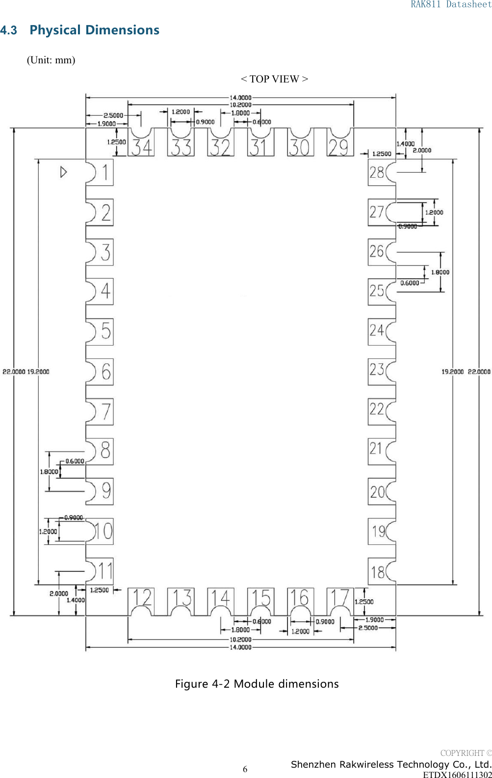 RAK811 DatasheetCOPYRIGHT &copy;Shenzhen Rakwireless Technology Co., Ltd.ETDX160611130264.3 Physical Dimensions(Unit: mm)< TOP VIEW >Figure 4-2 Module dimensions