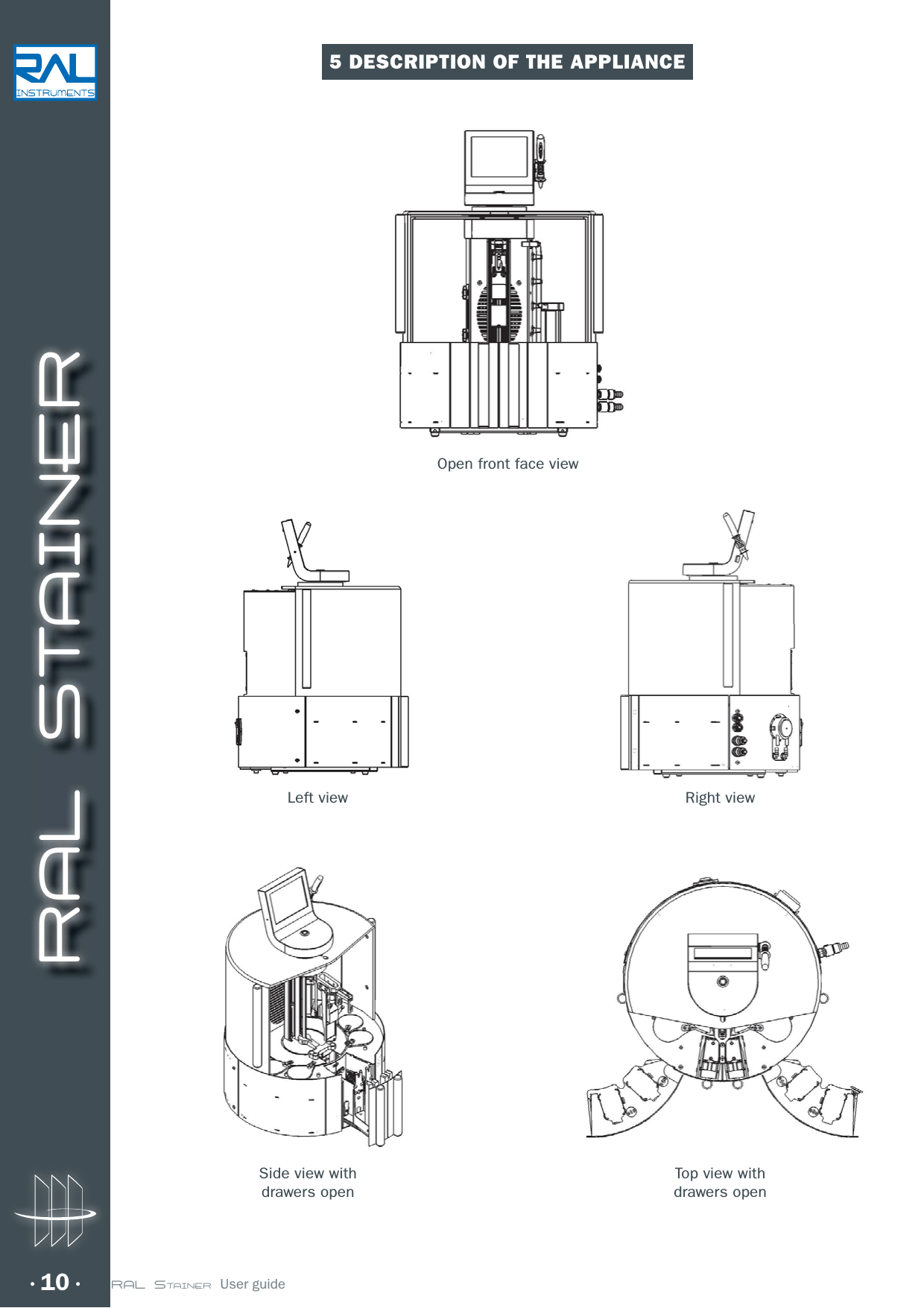 RAL STAINER10 RAL STAINER  User guide5 DESCRIPTION OF THE APPLIANCEOpen front face viewLeft view Right viewSide view with drawers openTop view with drawers open