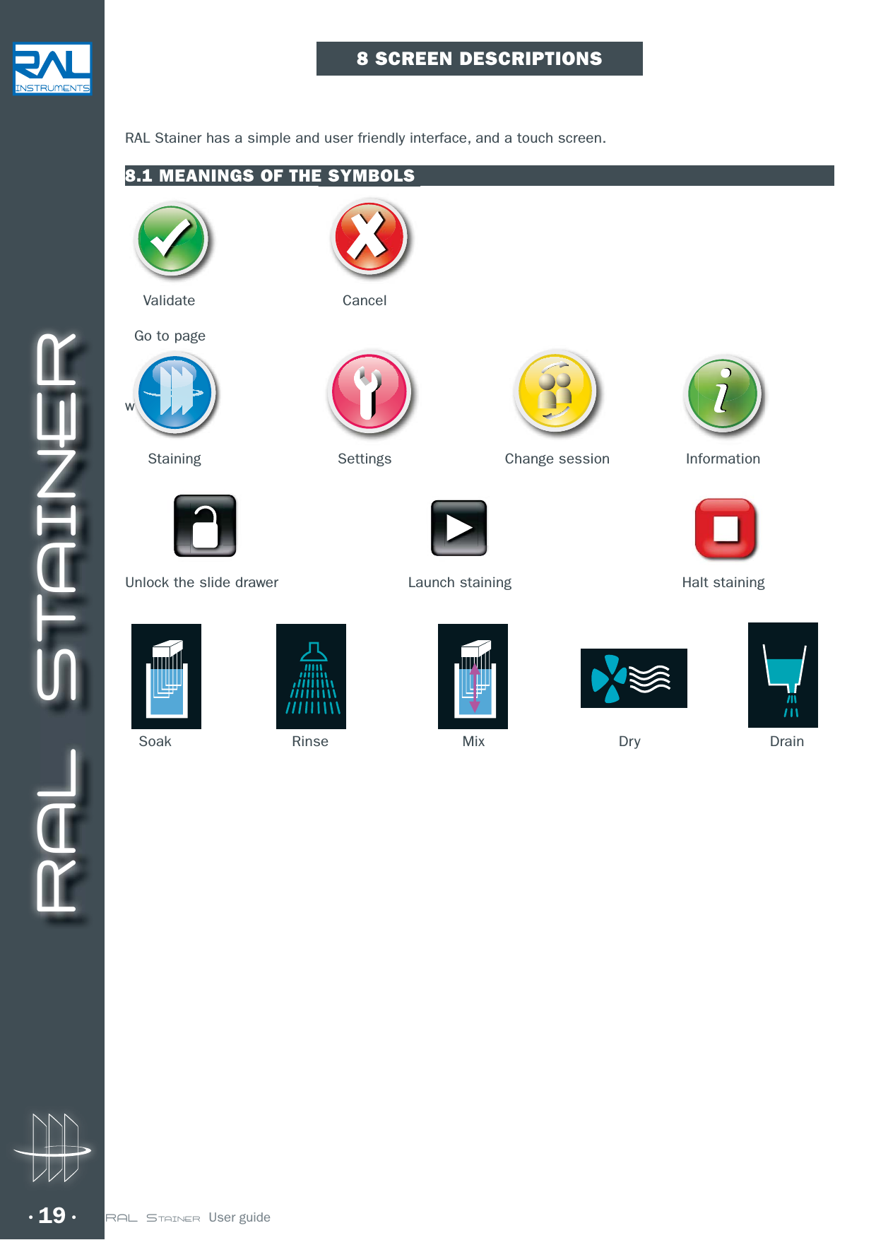 RAL STAINER19 RAL STAINER  User guide8 SCREEN DESCRIPTIONSRAL Stainer has a simple and user friendly interface, and a touch screen.8.1 MEANINGS OF THE SYMBOLS    Validate  Cancel  Go to pagew     Staining  Settings   Change session  InformationUnlock the slide drawer         Launch staining            Halt staining   Soak  Rinse  Mix  Dry  Drainwwww