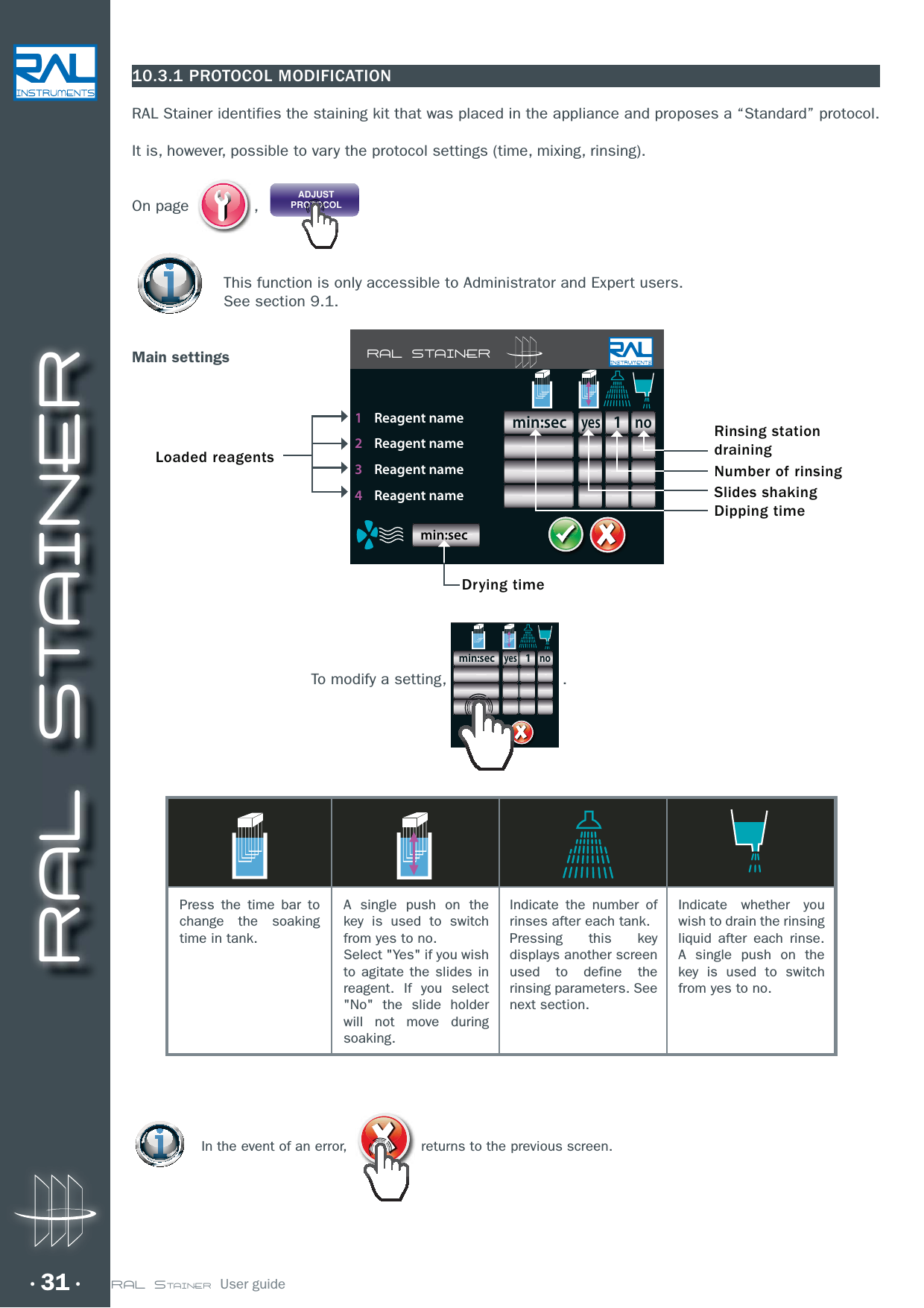 RAL STAINER31 RAL STAINER  User guide10.3.1 PROTOCOL MODIFICATIONRAL Stainer identifies the staining kit that was placed in the appliance and proposes a “Standard” protocol.It is, however, possible to vary the protocol settings (time, mixing, rinsing).On page  ,   ADJUSTPROTOCOLThis function is only accessible to Administrator and Expert users.See section 9.1.Main settingsIn the event of an error,    returns to the previous screen. Indicate whether you wish to drain the rinsing liquid after each rinse. A single push on the key is used to switch from yes to no.Indicate the number of rinses after each tank.Pressing this key displays another screen used to define the rinsing parameters. See next section.A single push on the key is used to switch from yes to no.Select &quot;Yes&quot; if you wish to agitate the slides in reagent. If you select &quot;No&quot; the slide holder will not move during soaking.Press the time bar to change the soaking time in tank.RAL STAINERyesmin:sec1no1    Reagent name2    Reagent name3    Reagent name4    Reagent namemin:secLoaded reagentsDipping timeDrying timeSlides shakingNumber of rinsingRinsing stationdrainingTo modify a setting, yesmin:sec1no.
