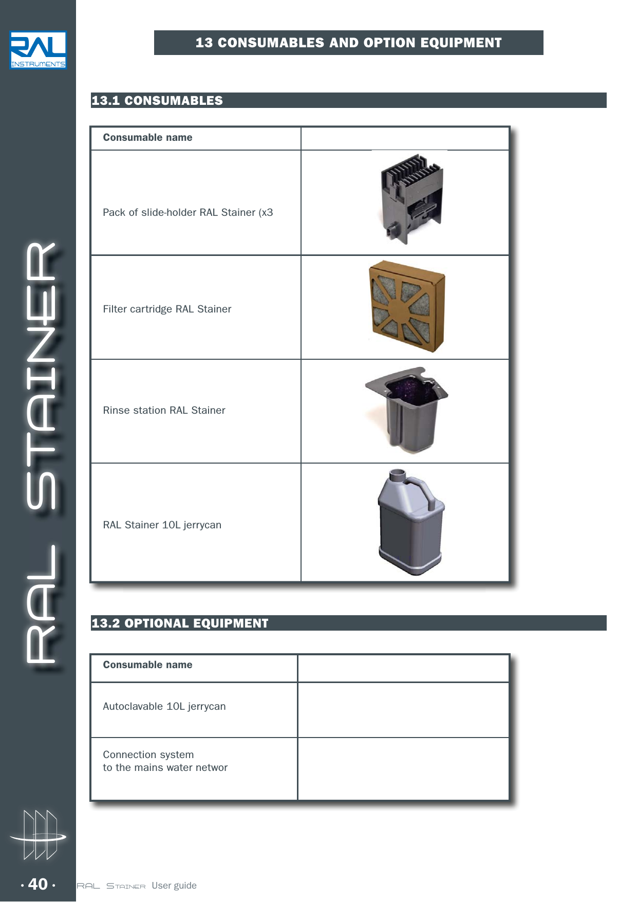 RAL STAINER40 RAL STAINER  User guide13.1 CONSUMABLES13.2 OPTIONAL EQUIPMENT13 CONSUMABLES AND OPTION EQUIPMENTConsumable namePack of slide-holder RAL Stainer (x3Filter cartridge RAL StainerRinse station RAL StainerRAL Stainer 10L jerrycanConsumable nameAutoclavable 10L jerrycanConnection systemto the mains water networ