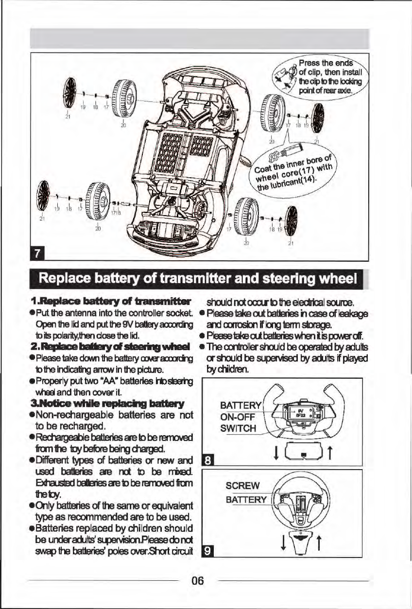Replace battery of transmitter and steering wheel 1.Raplace batt8I y of transmitter  sin.lid m ocnrb the eledri:al sooroe. &bull;Put the antenna into the controller socket. &bull; Please 1ake out ba!Bies il case a leakage Open the lid and put the W tBklry axmii"g al:! cxmBrl If~ term sbage. bits polarity, then dose the lid. &bull; Pease~ aJ OO!Be;Ykien I is fXMe"df. 2.Rew .. &bull;lllMl!lyd --&bull;&bull;wheel &bull;The cxrdl'Olersln.lld be operated by a:Julls &bull;Please take doMl the battery CXMl'axn<i g  a sin.lid be supervised by ad.Ills if played b the indicati~ alTO'v'V in the pidure. by dlldren. &bull;Properly put two &bull;AA&bull; batteries i1:>5Eeri"g ------------W'leel and then cover it. 3.Nolica while raplacq battllll y &bull;Non-rechargeable  batteries  are  not to be recharged. &bull; Red'a'gea>le '-ballel......_,ies_ ae b be rerroved mn 1he qt before bei~ cf'larged. BATIERY ON-OFF SWITCH &bull;Different types a batteries or reN and _:~======::~===~ l.E batEries ae rd t> be  rri>ai .--Bcta.JSted teBies aet> be raiu.e:l fian reb,'. &bull;Olly batteries of the same or equivalent type as recommended are to be used. &bull;Batteries replaced by children should be unclerad..llls'~.Pleasedom SCREW BATIERY swap the OOlleries' poles CM!r.Shcrt dlQJ~ &middot;&middot;-------==-----__J 06 