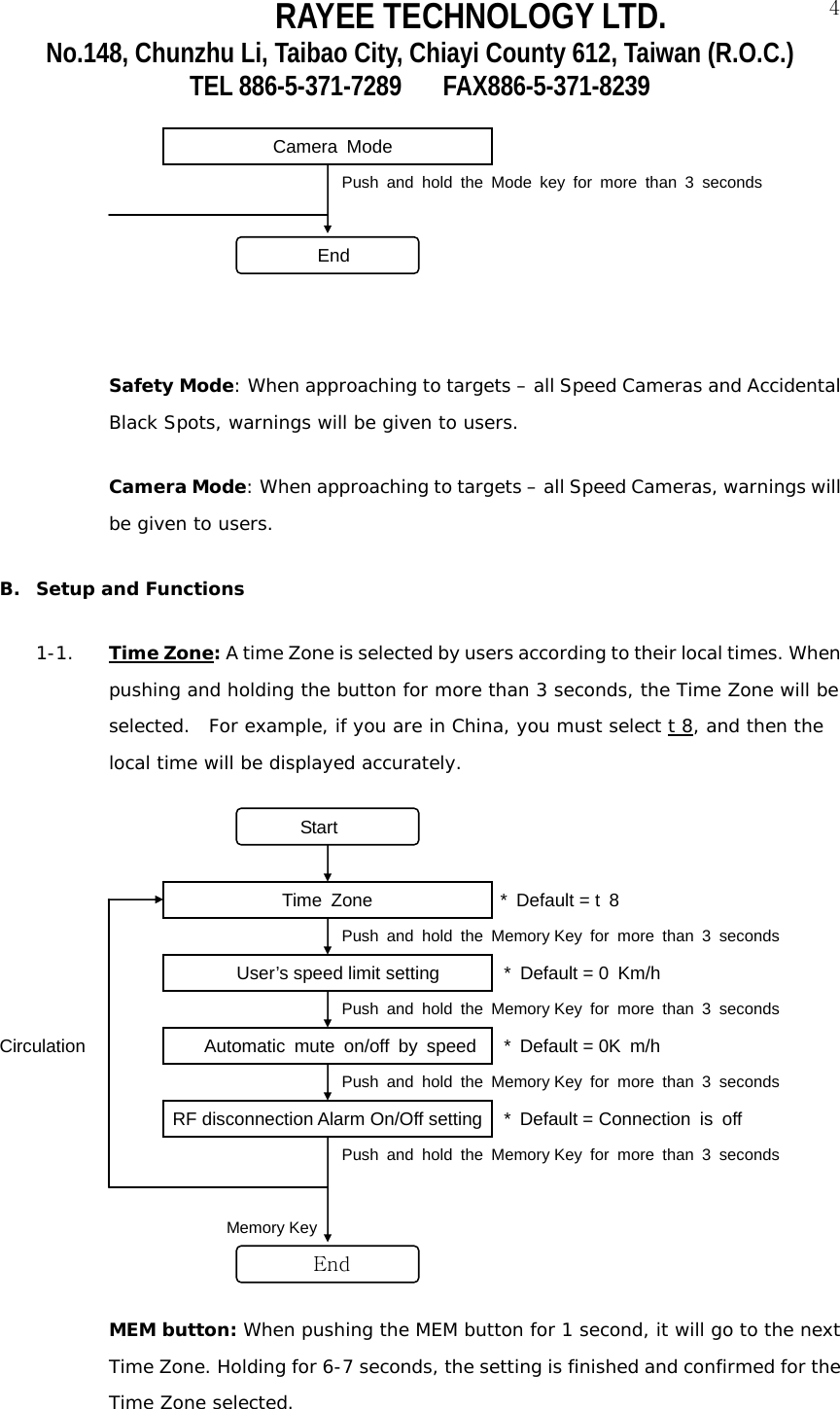 RAYEE TECHNOLOGY LTD.  4No.148, Chunzhu Li, Taibao City, Chiayi County 612, Taiwan (R.O.C.) TEL 886-5-371-7289     FAX886-5-371-8239                              Camera Mode                                                      Push and hold the Mode key for more than 3 seconds                                          End  Safety Mode: When approaching to targets &ndash; all Speed Cameras and Accidental Black Spots, warnings will be given to users.  Camera Mode: When approaching to targets &ndash; all Speed Cameras, warnings will be given to users. B. Setup and Functions 1-1. Time Zone: A time Zone is selected by users according to their local times. When pushing and holding the button for more than 3 seconds, the Time Zone will be selected.  For example, if you are in China, you must select t 8, and then the local time will be displayed accurately.                                 Start                               Time Zone              * Default = t 8                                         Push and hold the Memory Key for more than 3 seconds                         User&rsquo;s speed limit setting    * Default = 0 Km/h                                         Push and hold the Memory Key for more than 3 seconds Circulation             Automatic mute on/off by speed   * Default = 0K m/h                                         Push and hold the Memory Key for more than 3 seconds                  RF disconnection Alarm On/Off setting   * Default = Connection  is  off                                         Push and hold the Memory Key for more than 3 seconds                              Memory Key                                End MEM button: When pushing the MEM button for 1 second, it will go to the next Time Zone. Holding for 6-7 seconds, the setting is finished and confirmed for the Time Zone selected.     