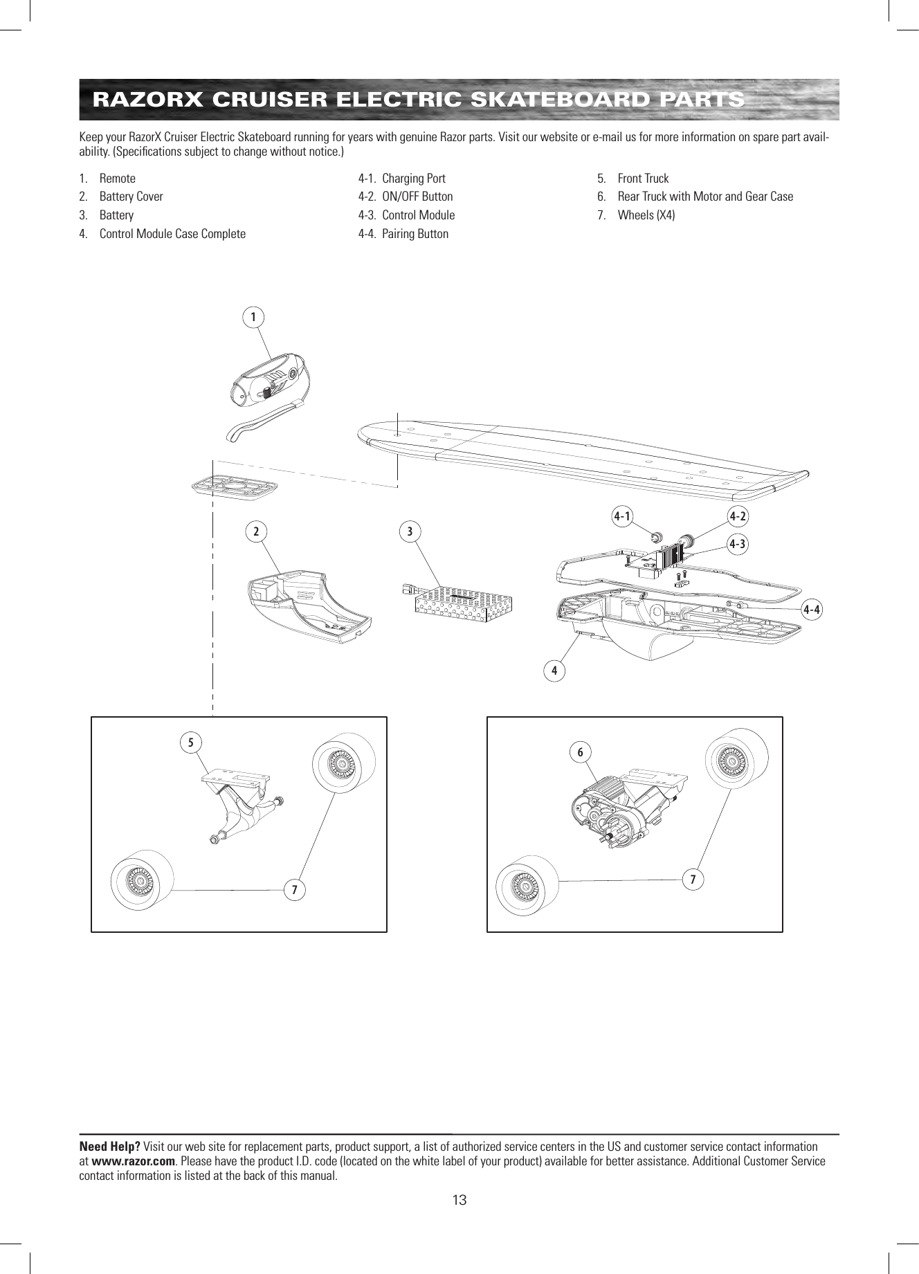 125677344 - 24 - 14 - 34 - 4Need Help? Visit our web site for replacement parts, product support, a list of authorized service centers in the US and customer service contact information at www.razor.com. Please have the product I.D. code (located on the white label of your product) available for better assistance. Additional Customer Service contact information is listed at the back of this manual.13RAZORX CRUISER ELECTRIC SKATEBOARD PARTS1.  Remote2.  Battery Cover3.  Battery4.  Control Module Case Complete       4-1.  Charging Port       4-2.  ON/OFF Button       4-3.  Control Module       4-4.  Pairing Button5.  Front Truck6.  Rear Truck with Motor and Gear Case7.  Wheels (X4)Keep your RazorX Cruiser Electric Skateboard running for years with genuine Razor parts. Visit our website or e-mail us for more information on spare part avail-ability. (Speciﬁcations subject to change without notice.)