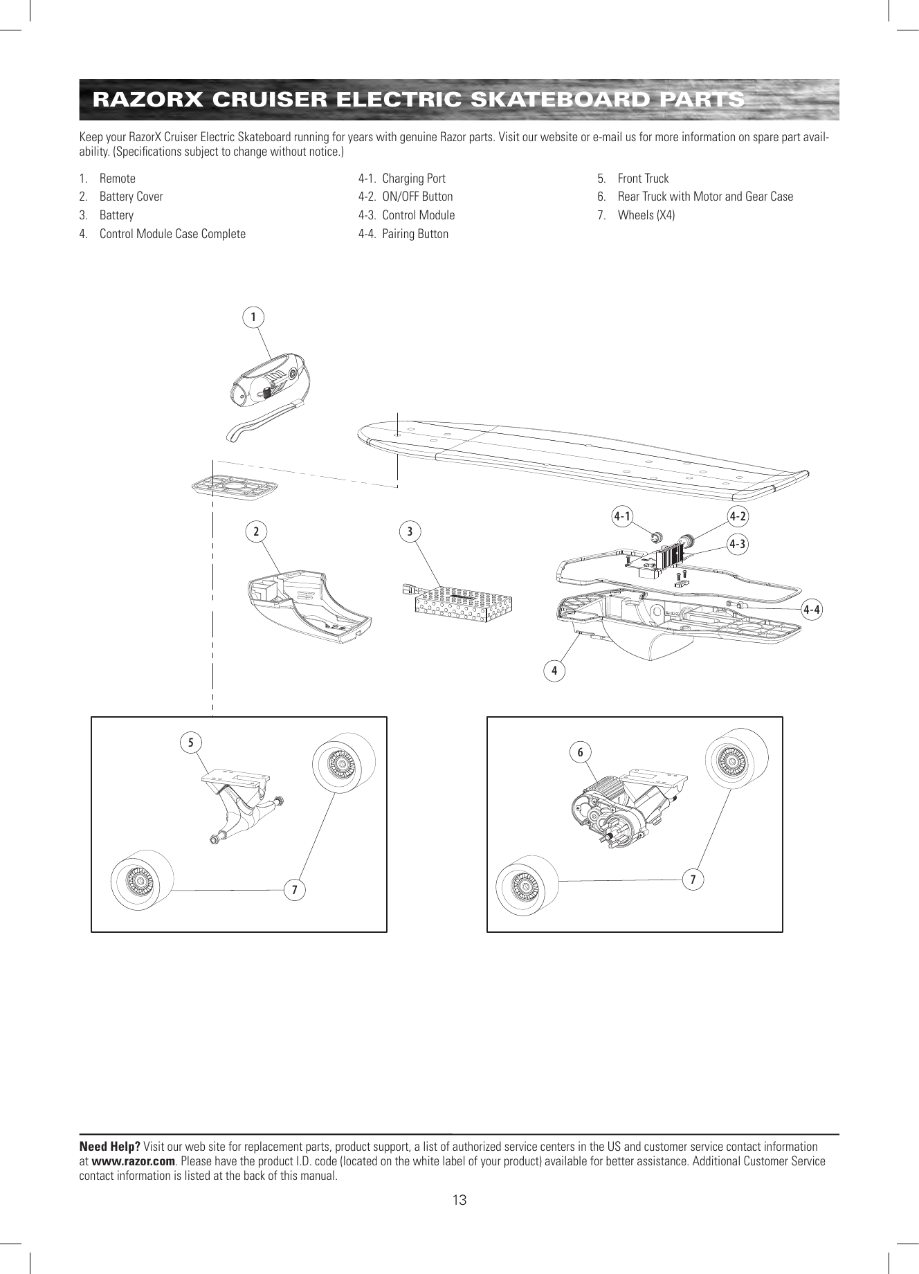 125677344 - 24 - 14 - 34 - 4Need Help? Visit our web site for replacement parts, product support, a list of authorized service centers in the US and customer service contact information at www.razor.com. Please have the product I.D. code (located on the white label of your product) available for better assistance. Additional Customer Service contact information is listed at the back of this manual.13RAZORX CRUISER ELECTRIC SKATEBOARD PARTS1.  Remote2.  Battery Cover3.  Battery4.  Control Module Case Complete       4-1.  Charging Port       4-2.  ON/OFF Button       4-3.  Control Module       4-4.  Pairing Button5.  Front Truck6.  Rear Truck with Motor and Gear Case7.  Wheels (X4)Keep your RazorX Cruiser Electric Skateboard running for years with genuine Razor parts. Visit our website or e-mail us for more information on spare part avail-ability. (Speciﬁcations subject to change without notice.)