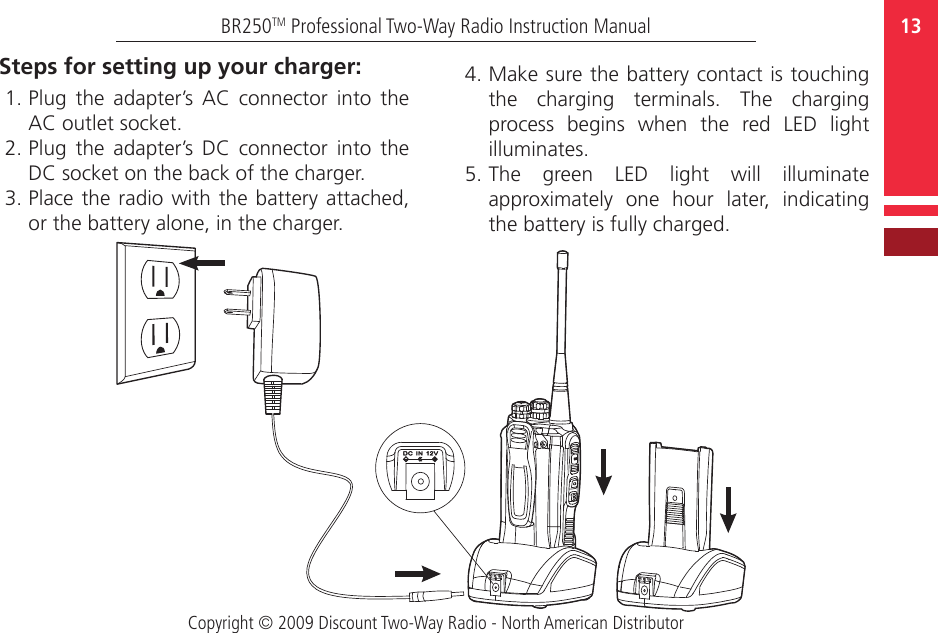 Copyright © 2009 Discount Two-Way Radio - North American Distributor13BR250TM Professional Two-Way Radio Instruction Manual4. Make sure the battery contact is touching the  charging  terminals.  The  charging process  begins  when  the  red  LED  light illuminates.5. The  green  LED  light  will  illuminate approximately  one  hour  later,  indicating the battery is fully charged. Steps for setting up your charger:1. Plug  the  adapter’s  AC  connector  into  the AC outlet socket.2. Plug  the  adapter’s  DC  connector  into  the DC socket on the back of the charger. 3. Place  the radio with the battery  attached, or the battery alone, in the charger.  