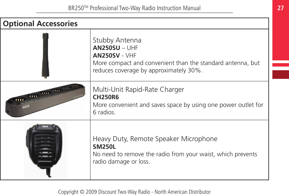 Copyright © 2009 Discount Two-Way Radio - North American Distributor27BR250TM Professional Two-Way Radio Instruction ManualOptional AccessoriesStubby AntennaAN250SU – UHFAN250SV - VHFMore compact and convenient than the standard antenna, but reduces coverage by approximately 30%.Multi-Unit Rapid-Rate ChargerCH250R6More convenient and saves space by using one power outlet for 6 radios.Heavy Duty, Remote Speaker MicrophoneSM250LNo need to remove the radio from your waist, which prevents radio damage or loss.