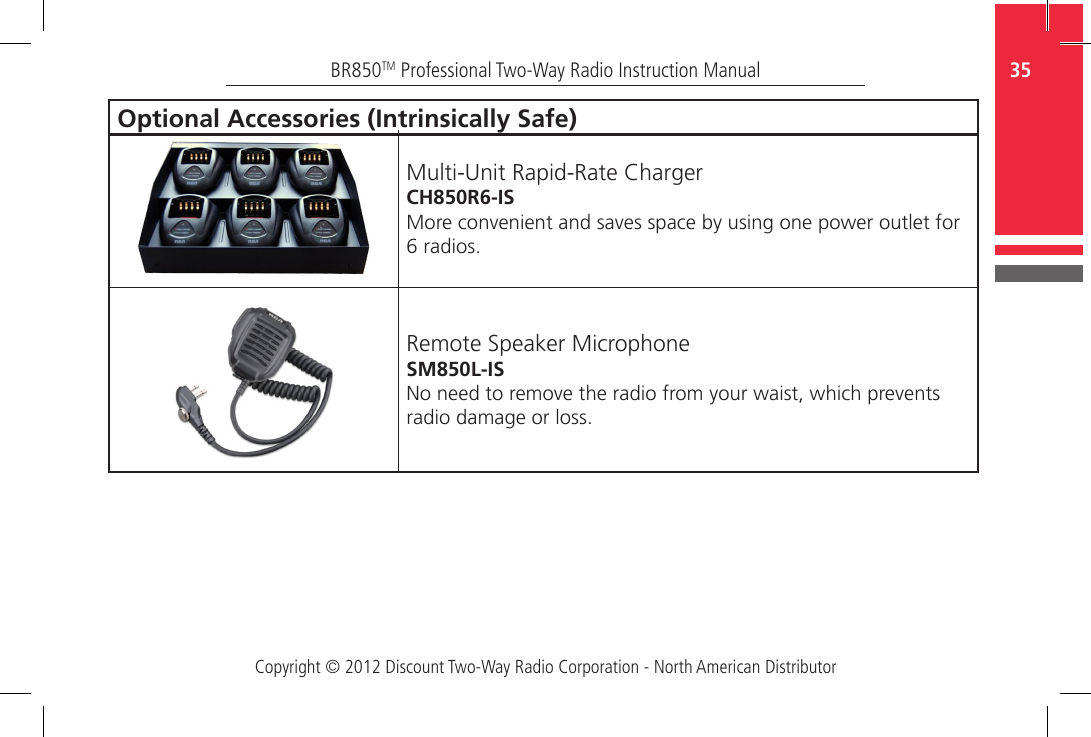 Copyright © 2012 Discount Two-Way Radio Corporation - North American Distributor35BR850TM Professional Two-Way Radio Instruction ManualOptional Accessories (Intrinsically Safe)Multi-Unit Rapid-Rate ChargerCH850R6-ISMore convenient and saves space by using one power outlet for 6 radios.Remote Speaker MicrophoneSM850L-ISNo need to remove the radio from your waist, which prevents radio damage or loss.