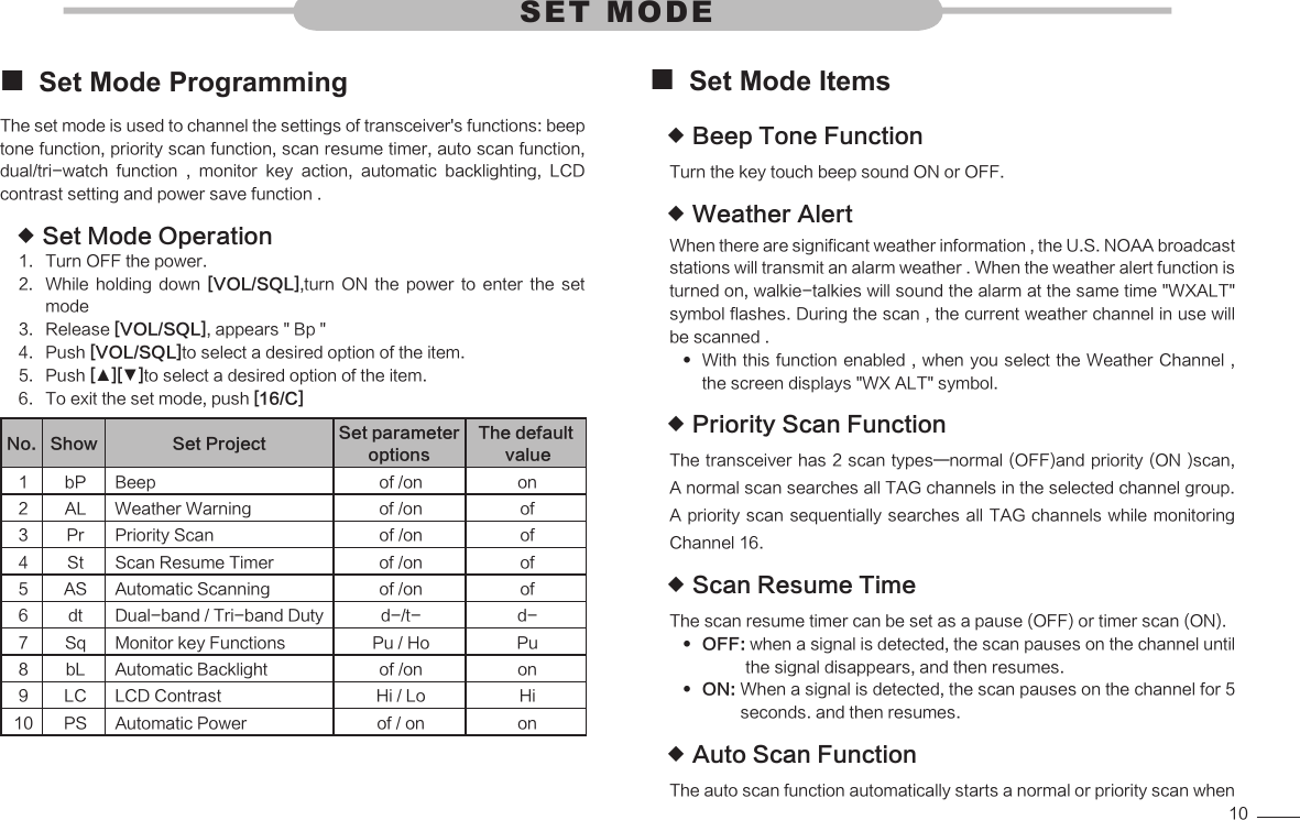 10Set Mode Programming The set mode is used to channel the settings of transceiver&apos;s functions: beep tone function, priority scan function, scan resume timer, auto scan function, dual/tri-watch  function  ,  monitor  key  action,  automatic  backlighting,  LCD contrast setting and power save function .Set Mode Operation  Turn OFF the power.1. While  holding  down 2.  [VOL/SQL],turn  ON  the  power  to  enter  the  set modeRelease 3.  [VOL/SQL], appears &quot; Bp &quot;Push 4.  [VOL/SQL]to select a desired option of the item.Push 5.  [▲][▼]to select a desired option of the item.To exit the set mode, push 6.  [16/C]No. Show Set Project Set parameter optionsThe default value1 bP Beep of /on on2 AL Weather Warning of /on of3 Pr Priority Scan of /on of4 St Scan Resume Timer of /on of5 AS Automatic Scanning of /on of6 dt Dual-band / Tri-band Duty d-/t- d-7 Sq Monitor key Functions Pu / Ho Pu8 bL Automatic Backlight of /on on9 LC LCD Contrast Hi / Lo Hi10 PS Automatic Power of / on onSET MODESet Mode Items Beep Tone Function Turn the key touch beep sound ON or OFF.Weather Alert  When there are significant weather information , the U.S. NOAA broadcast stations will transmit an alarm weather . When the weather alert function is turned on, walkie-talkies will sound the alarm at the same time &quot;WXALT&quot; symbol flashes. During the scan , the current weather channel in use will be scanned .With this function enabled , when you  select the Weather Channel ,  the screen displays &quot;WX ALT&quot; symbol.Priority Scan Function The transceiver has 2 scan types—normal (OFF)and priority (ON )scan, A normal scan searches all TAG channels in the selected channel group. A priority scan sequentially searches all TAG channels while  monitoring Channel 16.Scan Resume Time The scan resume timer can be set as a pause (OFF) or timer scan (ON).OFF:   when a signal is detected, the scan pauses on the channel until the signal disappears, and then resumes.ON:   When a signal is detected, the scan pauses on the channel for 5 seconds. and then resumes.Auto Scan Function  The auto scan function automatically starts a normal or priority scan when 