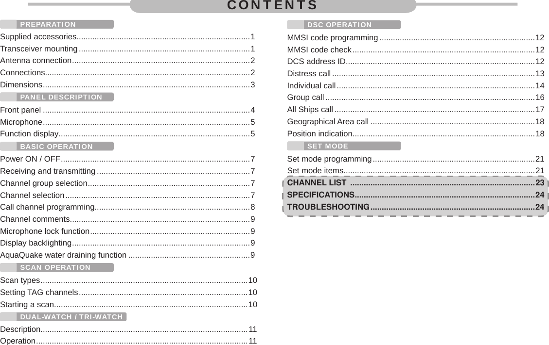 PREPARATIONSupplied accessories.............................................................................1Transceiver  mounting ............................................................................1Antenna  connection ............................................................................... 2Connections...........................................................................................2Dimensions ............................................................................................ 3PANEL DESCRIPTIONFront panel ............................................................................................4Microphone ............................................................................................ 5Function display.....................................................................................5BASIC OPERATIONPower ON / OFF ....................................................................................7Receiving and transmitting ....................................................................7Channel group selection ........................................................................7Channel  selection ..................................................................................7Call channel programming.....................................................................8Channel comments................................................................................9Microphone lock function .......................................................................9Display  backlighting ............................................................................... 9AquaQuake water draining function ......................................................9SCAN OPERATIONScan  types ............................................................................................ 10Setting  TAG  channels ...........................................................................10Starting a scan......................................................................................10DUAL-WATCH / TRI-WATCHDescription............................................................................................11Operation ..............................................................................................11CONTENTSDSC OPERATIONMMSI code programming .....................................................................12MMSI code check .................................................................................12DCS address ID....................................................................................12Distress call ..........................................................................................13Individual  call ........................................................................................14Group call .............................................................................................16All Ships call .........................................................................................17Geographical Area call .........................................................................18Position indication.................................................................................18SET MODESet mode programming ........................................................................21Set mode items.....................................................................................21CHANNEL LIST  ..................................................................................23SPECIFICATIONS ................................................................................24TROUBLESHOOTING .........................................................................24