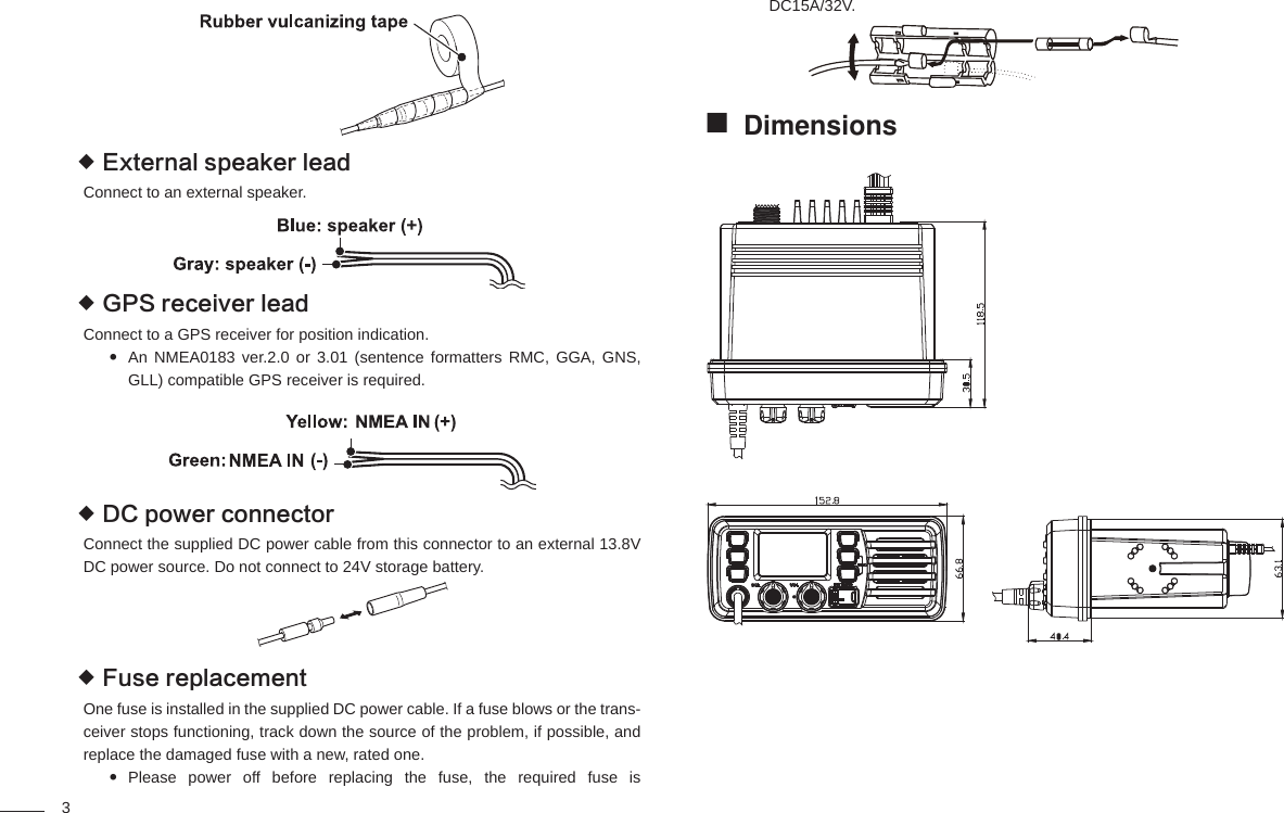 3External speaker lead Connect to an external speaker.GPS receiver lead Connect to a GPS receiver for position indication.An NMEA0183 ver.2.0 or 3.01 (sentence formatters RMC, GGA, GNS,  GLL) compatible GPS receiver is required. DC power connector Connect the supplied DC power cable from this connector to an external 13.8V DC power source. Do not connect to 24V storage battery.Fuse replacement One fuse is installed in the supplied DC power cable. If a fuse blows or the trans-ceiver stops functioning, track down the source of the problem, if possible, and replace the damaged fuse with a new, rated one.Please power off before replacing the fuse, the required fuse is  DC15A/32V.Dimensions 