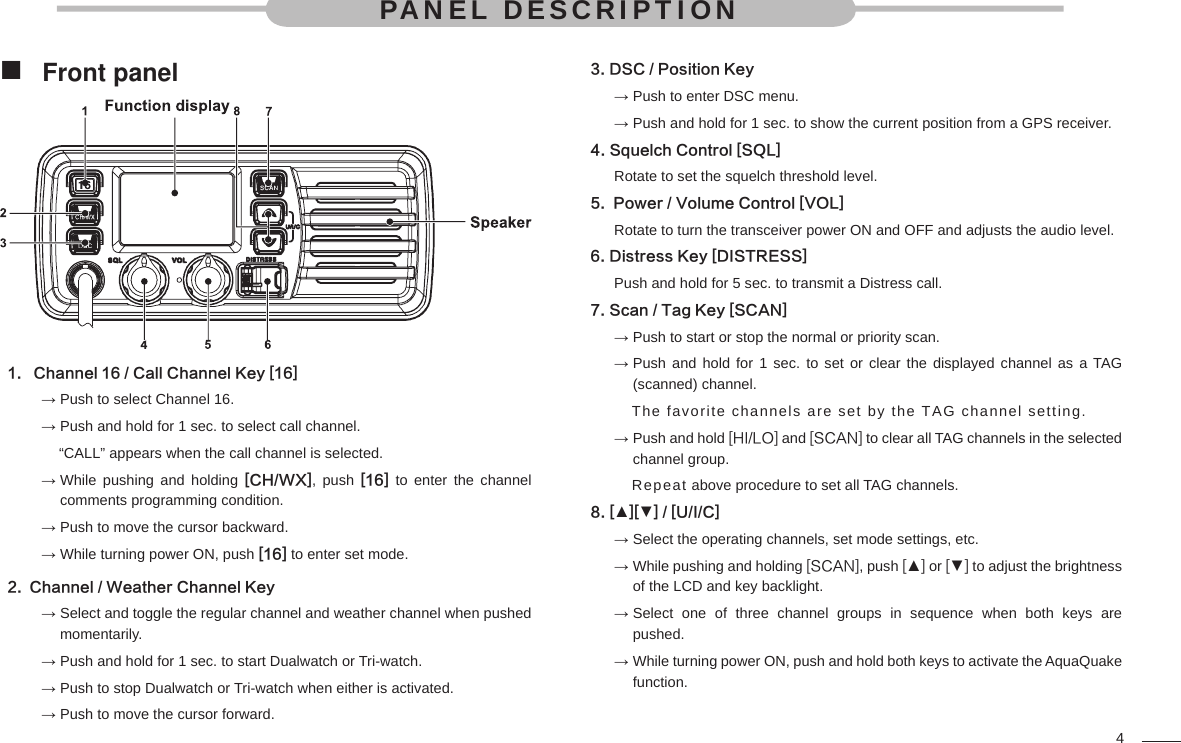 4PANEL DESCRIPTION Front panel  Channel 16 / Call Channel Key [16]1. → Push to select Channel 16.→ Push and hold for 1 sec. to select call channel.    “CALL” appears when the call channel is selected.→  While pushing and holding [CH/WX], push [16] to enter the channel comments programming condition.→ Push to move the cursor backward.→ While turning power ON, push [16] to enter set mode.Channel / Weather Channel Key2. →    Select and toggle the regular channel and weather channel when pushed momentarily.→ Push and hold for 1 sec. to start Dualwatch or Tri-watch.→ Push to stop Dualwatch or Tri-watch when either is activated.→ Push to move the cursor forward.3. DSC / Position Key→ Push to enter DSC menu.→ Push and hold for 1 sec. to show the current position from a GPS receiver.4. Squelch Control [SQL]Rotate to set the squelch threshold level.5.  Power / Volume Control [VOL]Rotate to turn the transceiver power ON and OFF and adjusts the audio level.6. Distress Key [DISTRESS]Push and hold for 5 sec. to transmit a Distress call.7. Scan / Tag Key [SCAN]→ Push to start or stop the normal or priority scan.→  Push and hold for 1 sec. to set or clear the displayed channel as a TAG (scanned) channel.    The favorite channels are set by the TAG channel setting.→  Push and hold [HI/LO] and [SCAN] to clear all TAG channels in the selected channel group.    Repeat above procedure to set all TAG channels.8. [▲][▼] / [U/I/C]→ Select the operating channels, set mode settings, etc.→  While pushing and holding [SCAN], push [▲] or [▼] to adjust the brightness of the LCD and key backlight.→  Select one of three channel groups in sequence when both keys are pushed.→  While turning power ON, push and hold both keys to activate the AquaQuake function.