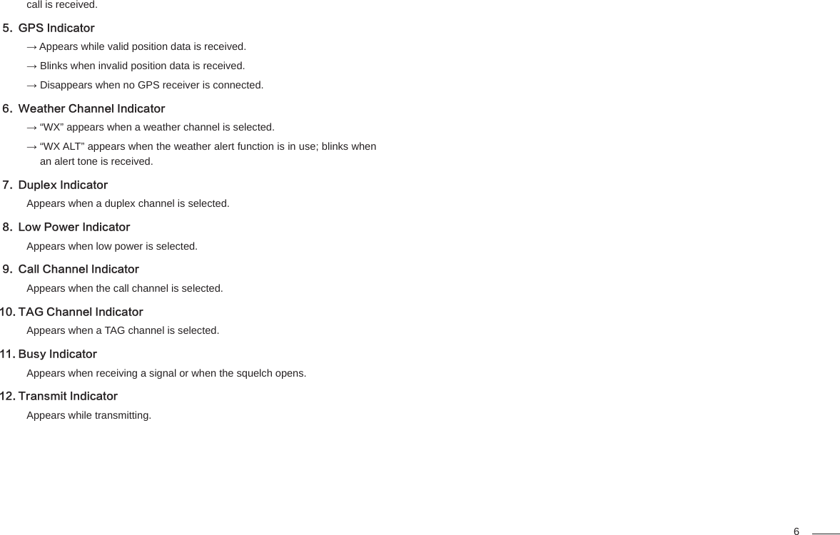 6call is received.GPS Indicator5. → Appears while valid position data is received.→ Blinks when invalid position data is received.→ Disappears when no GPS receiver is connected.Weather Channel Indicator6. → “WX” appears when a weather channel is selected.→  “WX ALT” appears when the weather alert function is in use; blinks when an alert tone is received.Duplex Indicator7. Appears when a duplex channel is selected.Low Power Indicator8. Appears when low power is selected.Call Channel Indicator9. Appears when the call channel is selected.TAG Channel Indicator10. Appears when a TAG channel is selected.Busy Indicator11. Appears when receiving a signal or when the squelch opens.Transmit Indicator12. Appears while transmitting.