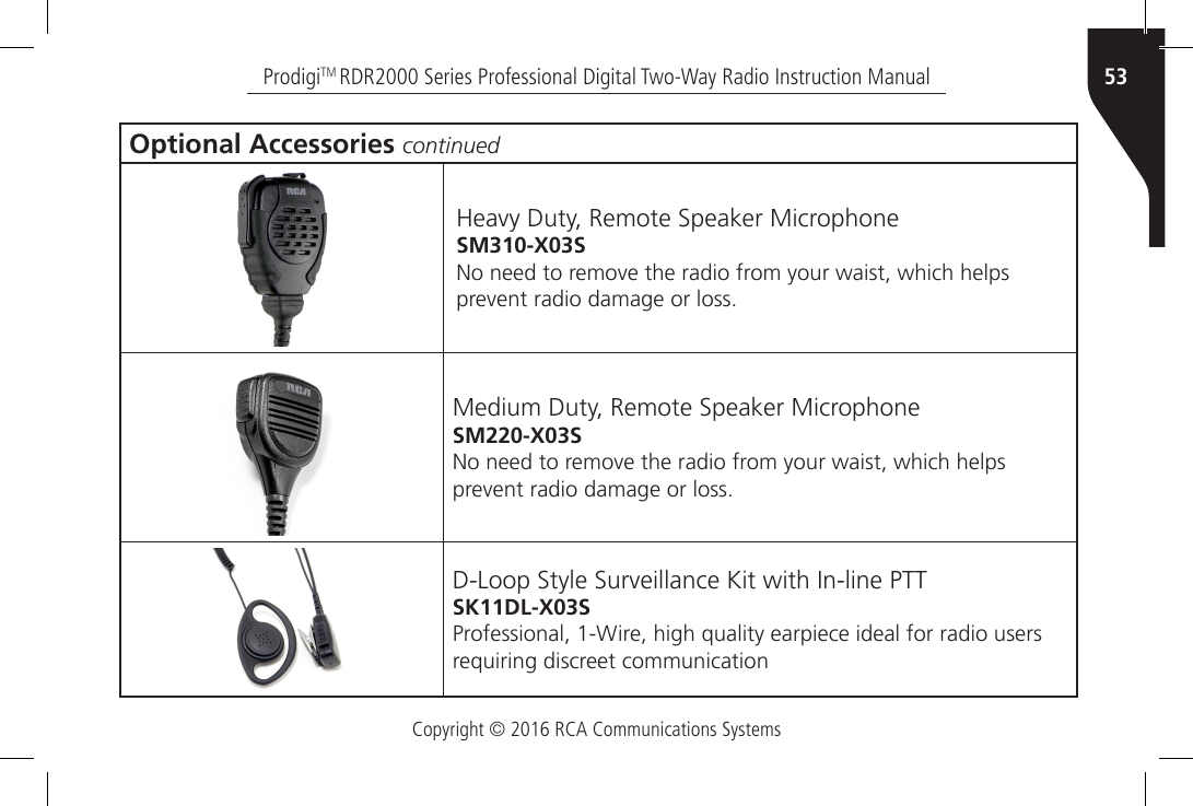 Copyright © 2016 RCA Communications Systems53ProdigiTM RDR2000 Series Professional Digital Two-Way Radio Instruction ManualOptional Accessories continuedHeavy Duty, Remote Speaker MicrophoneSM310-X03SNo need to remove the radio from your waist, which helps prevent radio damage or loss.Medium Duty, Remote Speaker MicrophoneSM220-X03SNo need to remove the radio from your waist, which helps prevent radio damage or loss.D-Loop Style Surveillance Kit with In-line PTTSK11DL-X03SProfessional, 1-Wire, high quality earpiece ideal for radio users requiring discreet communication