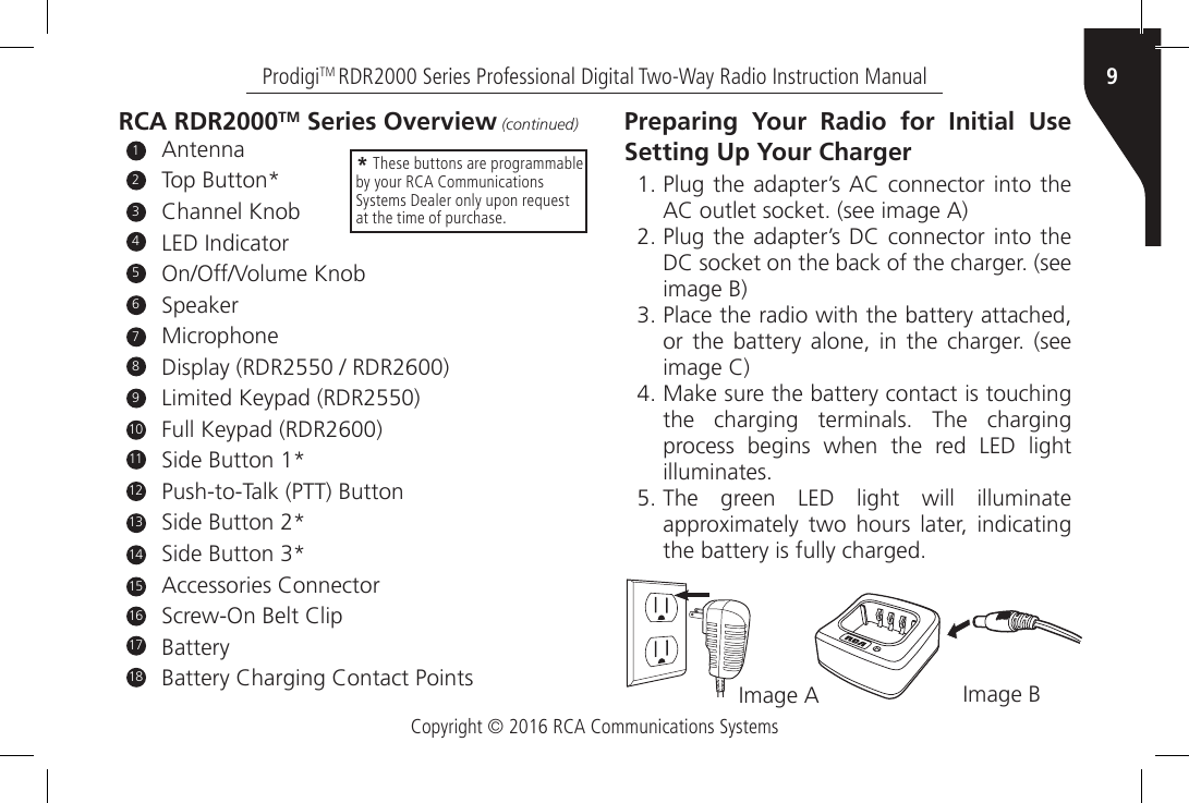 Copyright © 2016 RCA Communications Systems9ProdigiTM RDR2000 Series Professional Digital Two-Way Radio Instruction ManualRCA RDR2000TM Series Overview (continued)AntennaTop Button*Channel KnobLED IndicatorOn/Off/Volume KnobSpeakerMicrophoneDisplay (RDR2550 / RDR2600)Limited Keypad (RDR2550)Full Keypad (RDR2600)Side Button 1*Push-to-Talk (PTT) ButtonSide Button 2*Side Button 3*Accessories ConnectorScrew-On Belt ClipBatteryBattery Charging Contact Points123456789101112131415161817* These buttons are programmable by your RCA Communications Systems Dealer only upon request at the time of purchase.Preparing Your Radio for Initial Use Setting Up Your Charger1. Plug  the adapter’s AC connector into the AC outlet socket. (see image A)2. Plug  the adapter’s DC connector into the DC socket on the back of the charger. (see image B) 3. Place the radio with the battery attached, or  the  battery  alone,  in the  charger.  (see image C) 4. Make sure the battery contact is touching the  charging  terminals.  The  charging process begins when the red LED light illuminates.5. The green LED light will illuminate approximately  two  hours  later,  indicating the battery is fully charged.Image A Image B