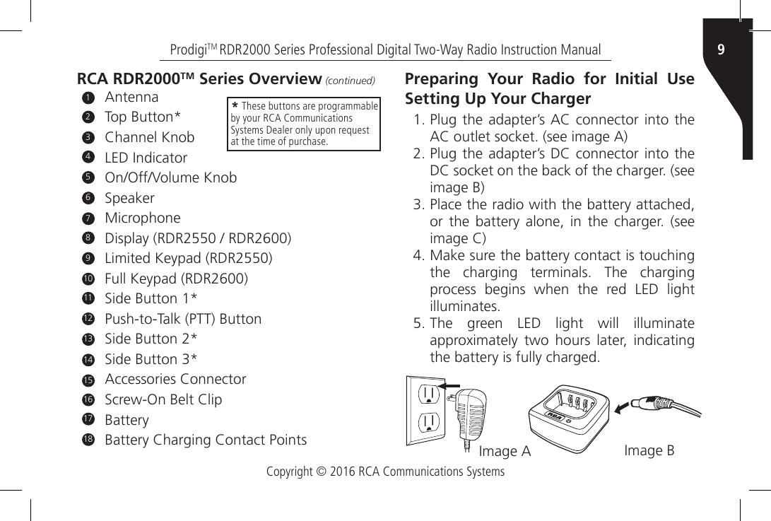 Copyright © 2016 RCA Communications Systems9ProdigiTM RDR2000 Series Professional Digital Two-Way Radio Instruction ManualRCA RDR2000TM Series Overview (continued)AntennaTop Button*Channel KnobLED IndicatorOn/Off/Volume KnobSpeakerMicrophoneDisplay (RDR2550 / RDR2600)Limited Keypad (RDR2550)Full Keypad (RDR2600)Side Button 1*Push-to-Talk (PTT) ButtonSide Button 2*Side Button 3*Accessories ConnectorScrew-On Belt ClipBatteryBattery Charging Contact Points123456789101112131415161817* These buttons are programmable by your RCA Communications Systems Dealer only upon request at the time of purchase.Preparing Your Radio for Initial Use Setting Up Your Charger1. Plug  the adapter’s AC connector into theAC outlet socket. (see image A)2. Plug  the adapter’s DC connector into theDC socket on the back of the charger. (see image B) 3. Place the radio with the battery attached,or  the  battery  alone,  in the  charger.  (see image C) 4. Make sure the battery contact is touchingthe  charging  terminals.  The  charging process begins when the red LED light illuminates.5. The green LED light will illuminateapproximately  two  hours  later,  indicating the battery is fully charged.Image A Image B