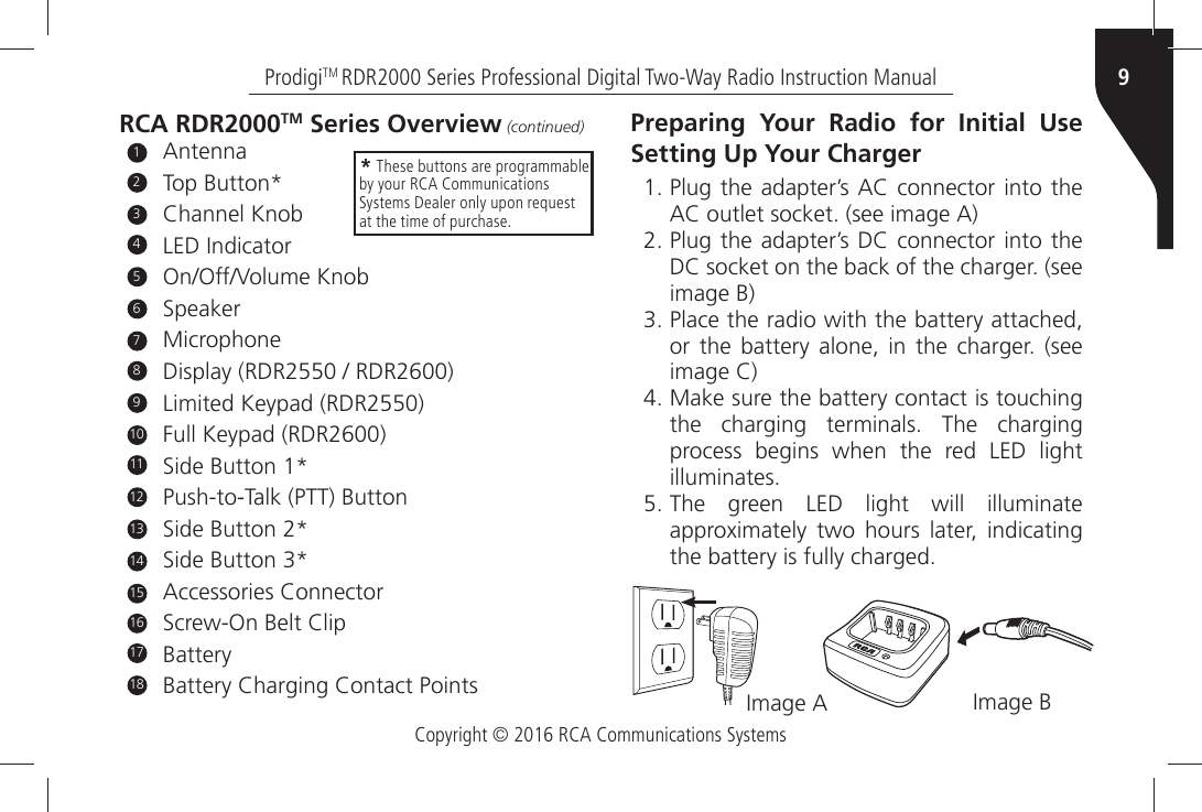 Copyright © 2016 RCA Communications Systems9ProdigiTM RDR2000 Series Professional Digital Two-Way Radio Instruction ManualRCA RDR2000TM Series Overview (continued)!NTENNA4OPÒ&quot;UTTON#HANNELÒ+NOB,%$Ò)NDICATOR/N/FF6OLUMEÒ+NOB3PEAKERMicrophone$ISPLAYÒ2$2ÒÒ2$2Limited Keypad (RDR2550)&amp;ULLÒ+EYPADÒ2$23IDEÒ&quot;UTTONÒ0USHTO4ALKÒ044Ò&quot;UTTON3IDEÒ&quot;UTTONÒ3IDEÒ&quot;UTTONÒ!CCESSORIESÒ#ONNECTOR3CREW/NÒ&quot;ELTÒ#LIP&quot;ATTERY&quot;ATTERYÒ#HARGINGÒ#ONTACTÒ0OINTS256* These buttons are programmable by your RCA Communications Systems Dealer only upon request at the time of purchase.Preparing Your Radio for Initial Use Setting Up Your Charger 0LUGÒTHEÒ ADAPTERgSÒ!#Ò CONNECTORÒINTOÒTHE!#ÒOUTLETÒSOCKETÒSEEÒIMAGEÒ! 0LUGÒTHEÒ ADAPTERgSÒ$#Ò CONNECTORÒINTOÒTHE$#ÒSOCKETÒONÒTHEÒBACKÒOFÒTHEÒCHARGERÒSEEÒIMAGEÒ&quot;Ò Place the radio with the battery attached,ORÒ THEÒ BATTERYÒ ALONEÒ INÒ THEÒ CHARGERÒ SEEÒIMAGEÒ#Ò Make sure the battery contact is touchingTHEÒ CHARGINGÒ TERMINALSÒ 4HEÒ CHARGINGÒprocess begins when the red LED light ILLUMINATES The green LED light will illuminateAPPROXIMATELYÒ TWOÒ HOURSÒ LATERÒ INDICATINGÒTHEÒBATTERYÒISÒFULLYÒCHARGED)MAGEÒ! )MAGEÒ&quot;