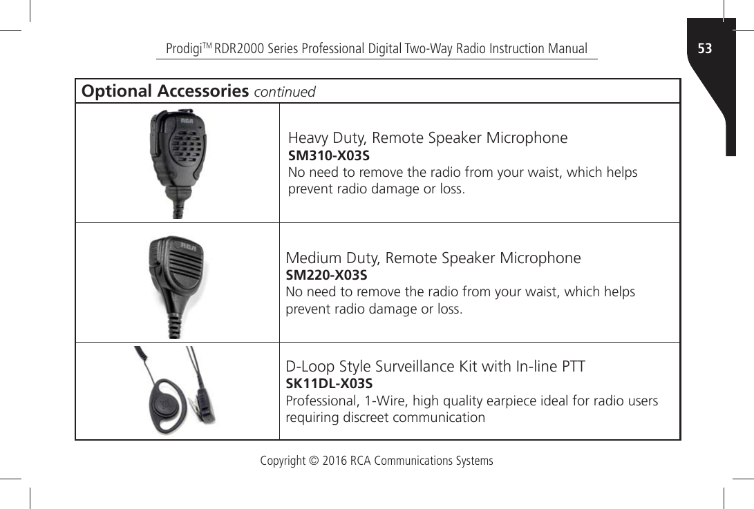 Copyright © 2016 RCA Communications Systems53ProdigiTM RDR2000 Series Professional Digital Two-Way Radio Instruction ManualOptional Accessories continued(EAVYÒ$UTYÒ2EMOTEÒ3PEAKERÒ-ICROPHONESM310-X03S.OÒNEEDÒTOÒREMOVEÒTHEÒRADIOÒFROMÒYOURÒWAISTÒWHICHÒHELPSÒPREVENTÒRADIOÒDAMAGEÒORÒLOSS-EDIUMÒ$UTYÒ2EMOTEÒ3PEAKERÒ-ICROPHONESM220-X03S.OÒNEEDÒTOÒREMOVEÒTHEÒRADIOÒFROMÒYOURÒWAISTÒWHICHÒHELPSÒPREVENTÒRADIOÒDAMAGEÒORÒLOSS$,OOPÒ3TYLEÒ3URVEILLANCEÒ+ITÒWITHÒ)NLINEÒ044SK11DL-X03S0ROFESSIONALÒ7IREÒHIGHÒQUALITYÒEARPIECEÒIDEALÒFORÒRADIOÒUSERSÒrequiring discreet communication