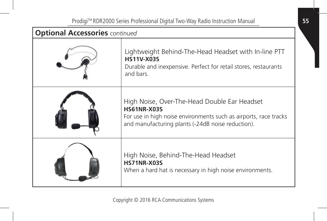 Copyright © 2016 RCA Communications Systems55ProdigiTM RDR2000 Series Professional Digital Two-Way Radio Instruction ManualOptional Accessories continued,IGHTWEIGHTÒ&quot;EHIND4HE(EADÒ(EADSETÒWITHÒ)NLINEÒ044HS11V-X03S$URABLEÒANDÒINEXPENSIVEÒ0ERFECTÒFORÒRETAILÒSTORESÒRESTAURANTSÒANDÒBARS(IGHÒ.OISEÒ/VER4HE(EADÒ$OUBLEÒ%ARÒ(EADSETHS61NR-X03S&amp;ORÒUSEÒINÒHIGHÒNOISEÒENVIRONMENTSÒSUCHÒASÒAIRPORTSÒRACEÒTRACKSÒANDÒMANUFACTURINGÒPLANTSÒD&quot;ÒNOISEÒREDUCTION(IGHÒ.OISEÒ&quot;EHIND4HE(EADÒ(EADSETHS71NR-X03S7HENÒAÒHARDÒHATÒISÒNECESSARYÒINÒHIGHÒNOISEÒENVIRONMENTS