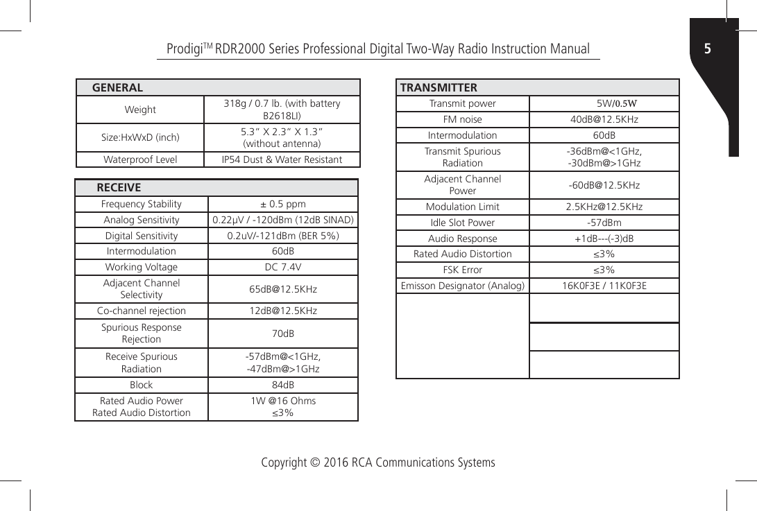 Copyright © 2016 RCA Communications Systems5ProdigiTM RDR2000 Series Professional Digital Two-Way Radio Instruction ManualGENERAL7EIGHT GÒÒÒLBÒWITHÒBATTERYÒ&quot;,)3IZE(X7X$ÒINCH iÒ8ÒiÒ8Òi(without antenna)7ATERPROOFÒ,EVEL )0Ò$USTÒÒ7ATERÒ2ESISTANTRECEIVE&amp;REQUENCYÒ3TABILITY yÒÒPPM!NALOGÒ3ENSITIVITY |6ÒÒD&quot;MÒD&quot;Ò3).!$$IGITALÒ3ENSITIVITY U6D&quot;MÒ&quot;%2Ò)NTERMODULATION D&quot;7ORKINGÒ6OLTAGE $#Ò6!DJACENTÒ#HANNEL3ELECTIVITY D&quot; +(Z#OCHANNELÒREJECTION D&quot; +(Z3PURIOUSÒ2ESPONSE2EJECTION D&quot;2ECEIVEÒ3PURIOUSRadiationD&quot;M &apos;(ZÒD&quot;M &apos;(Z&quot;LOCK D&quot;2ATEDÒ!UDIOÒ0OWER2ATEDÒ!UDIOÒ$ISTORTIONÒ7Ò Ò/HMS°TRANSMITTERTransmit power 78&amp;-ÒNOISE D&quot; +(Z)NTERMODULATION D&quot;4RANSMITÒ3PURIOUSRadiationD&quot;M &apos;(ZÒD&quot;M &apos;(Z!DJACENTÒ#HANNELPower D&quot; +(ZModulation Limit +(Z +(Z)DLEÒ3LOTÒ0OWER D&quot;M!UDIOÒ2ESPONSE D&quot;D&quot;2ATEDÒ!UDIOÒ$ISTORTION °&amp;3+Ò%RROR °%MISSONÒ$ESIGNATORÒ!NALOG +&amp;%ÒÒ+&amp;%