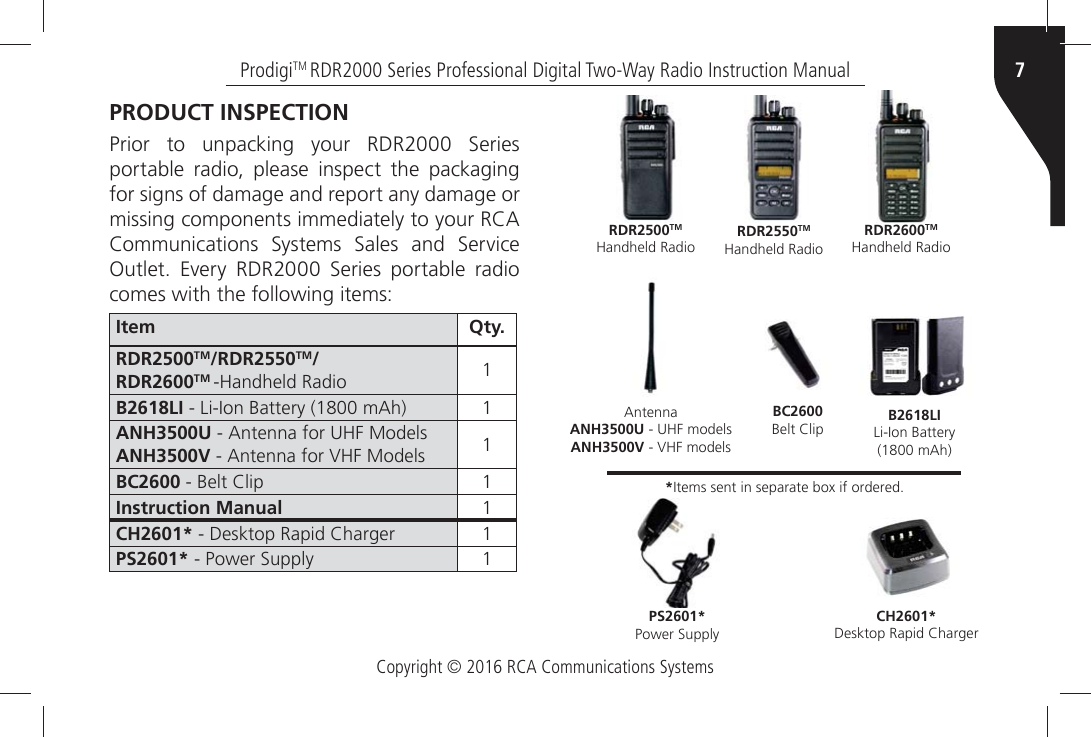 Copyright © 2016 RCA Communications Systems7ProdigiTM RDR2000 Series Professional Digital Two-Way Radio Instruction ManualPRODUCT INSPECTION0RIORÒ TOÒ UNPACKINGÒ YOURÒ 2$2Ò 3ERIES portable radio, please inspect the packaging for signs of damage and report any damage or MISSINGÒCOMPONENTSÒIMMEDIATELYÒTOÒYOURÒ2#!Ò#OMMUNICATIONSÒ 3YSTEMSÒ 3ALESÒ ANDÒ 3ERVICEÒ/UTLETÒ %VERYÒ 2$2Ò 3ERIESÒ PORTABLEÒ RADIOÒcomes with the following items:Item Qty.RDR2500TM/RDR2550TM/RDR2600TM (ANDHELDÒ2ADIO B2618LIÒÒ,I)ONÒ&quot;ATTERYÒÒM!H ANH3500U Ò!NTENNAÒFORÒ5(&amp;Ò-ODELSANH3500VÒÒ!NTENNAÒFORÒ6(&amp;Ò-ODELS BC2600 Ò&quot;ELTÒ#LIP Instruction Manual CH2601* Ò$ESKTOPÒ2APIDÒ#HARGER PS2601* Ò0OWERÒ3UPPLY B2618LILi-Ion Battery (1800 mAh)CH2601*Desktop Rapid ChargerPS2601*Power SupplyBC2600Belt ClipAntennaANH3500U - UHF modelsANH3500V - VHF models*Items sent in separate box if ordered.RDR2500TMHandheld RadioRDR2600TMHandheld RadioRDR2550TMHandheld Radio